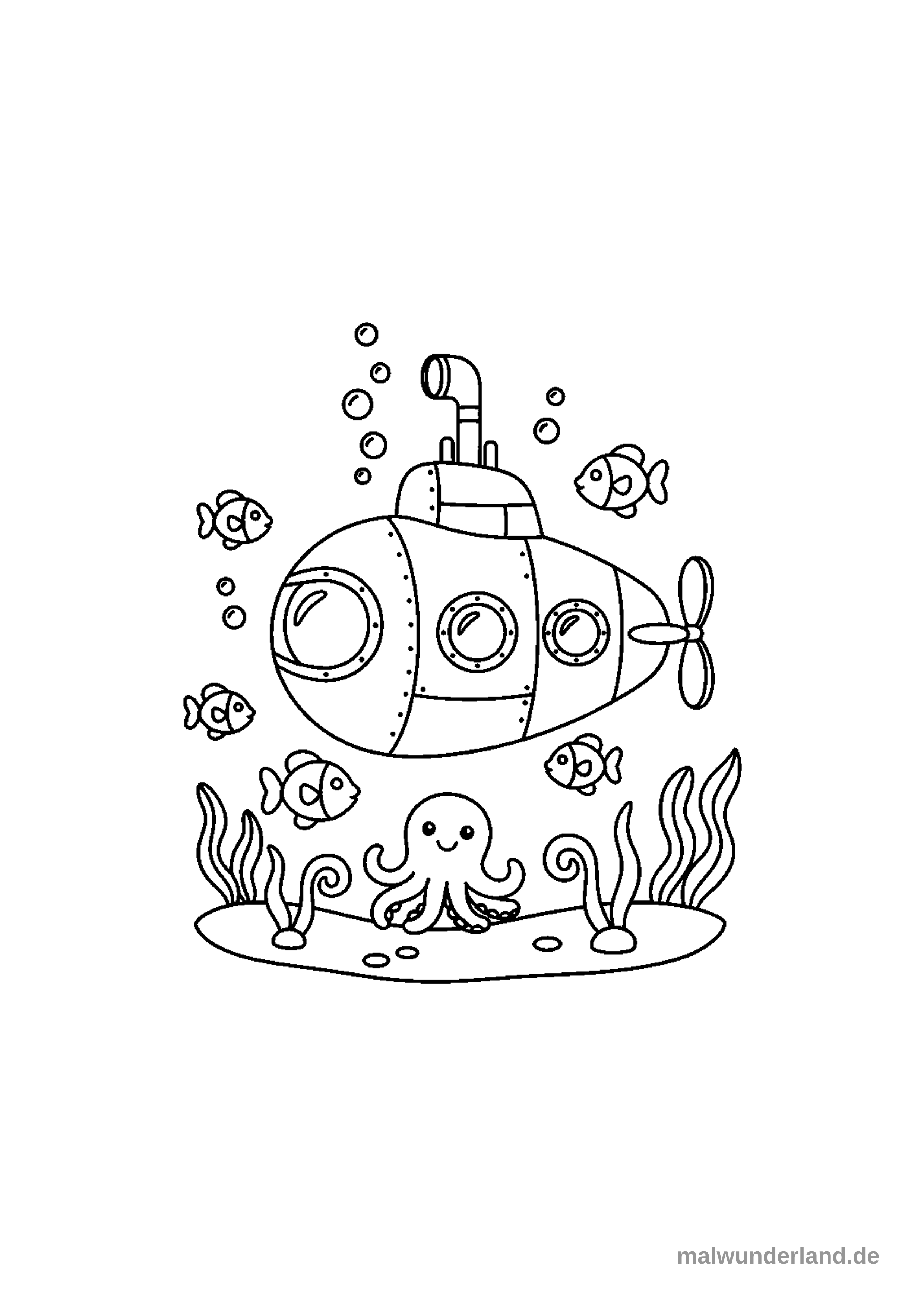 Das Ausmalbild zeigt ein freundliches U-Boot auf dem Meeresboden. Es ist umgeben von Blasen, mehreren schwimmenden Fischen und einem lächelnden Oktopus zwischen Seepflanzen.