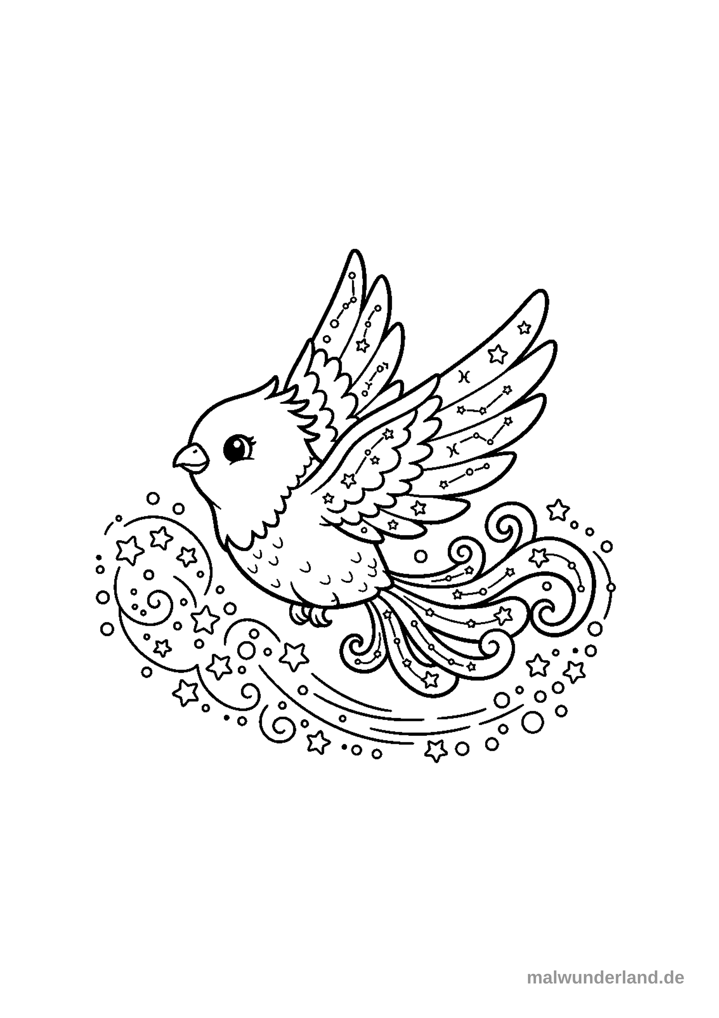 Ein majestätischer Feuervogel, der durch eine Wolke aus Sternenstaub fliegt. Die Federn des Vogels sind mit filigranen Sternenbildern und Galaxienmustern verziert.