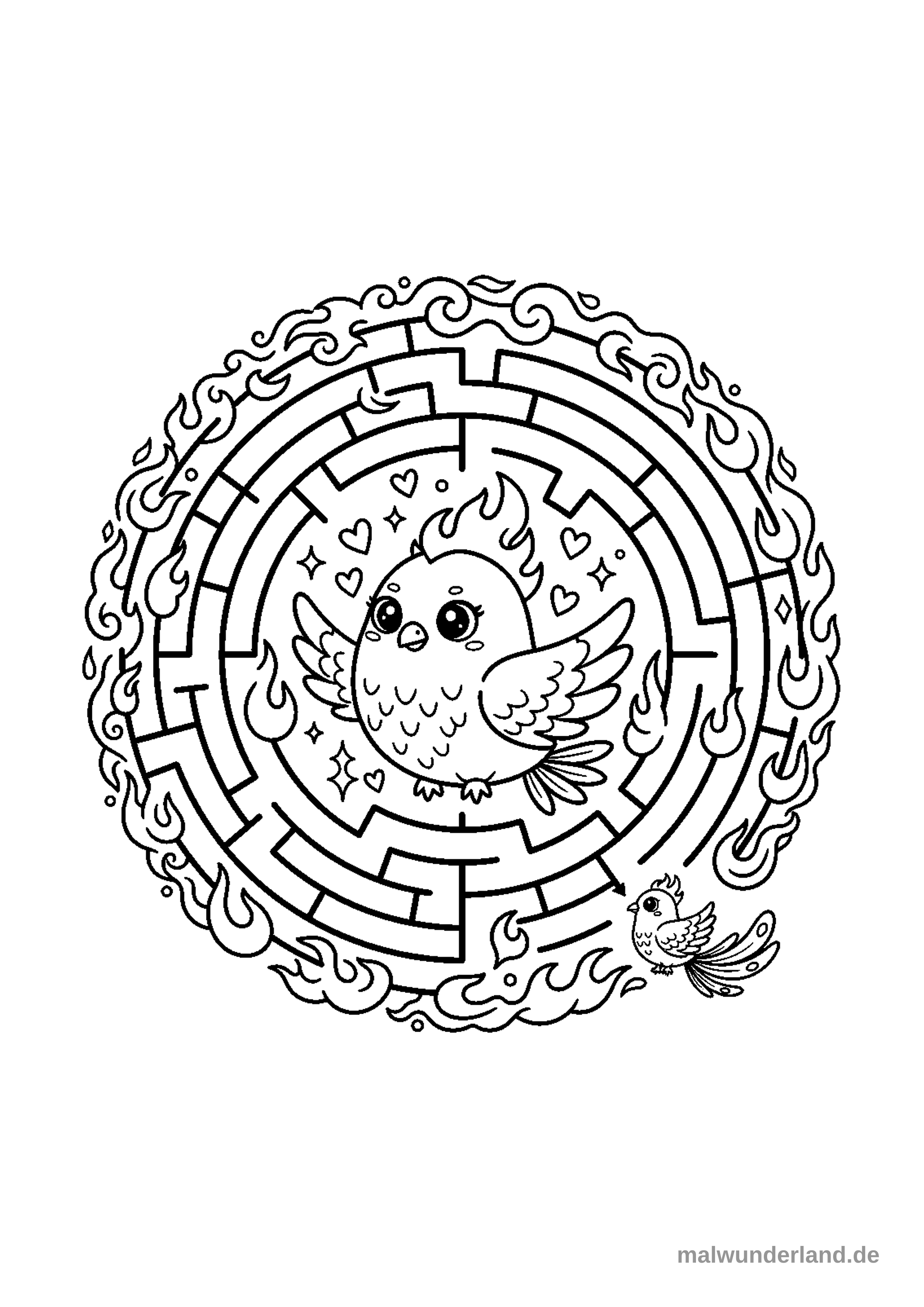 Klicken zum Drucken Ein Feuervogel, der in einem komplizierten Labyrinth aus Flammen gefangen ist. Der Betrachter muss den Weg aus dem Labyrinth finden, um den Vogel zu befreien.