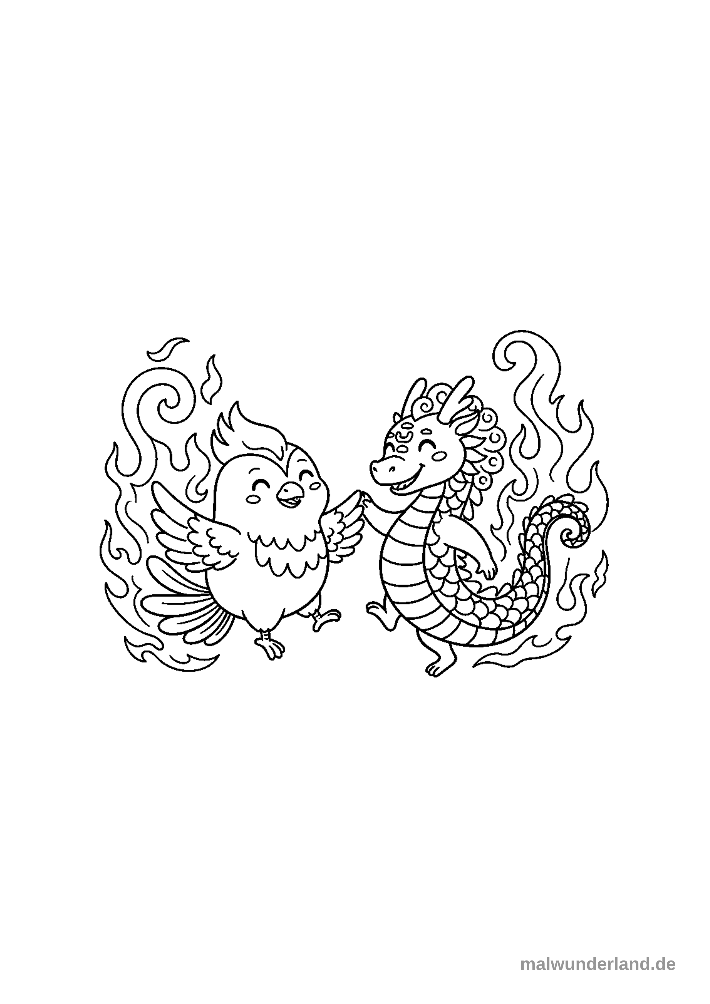 Ein Feuervogel und ein Drache tanzen umeinander. Ihre Elemente, Feuer und Rauch, verschmelzen zu einem spektakulären Tanz der Gegensätze.