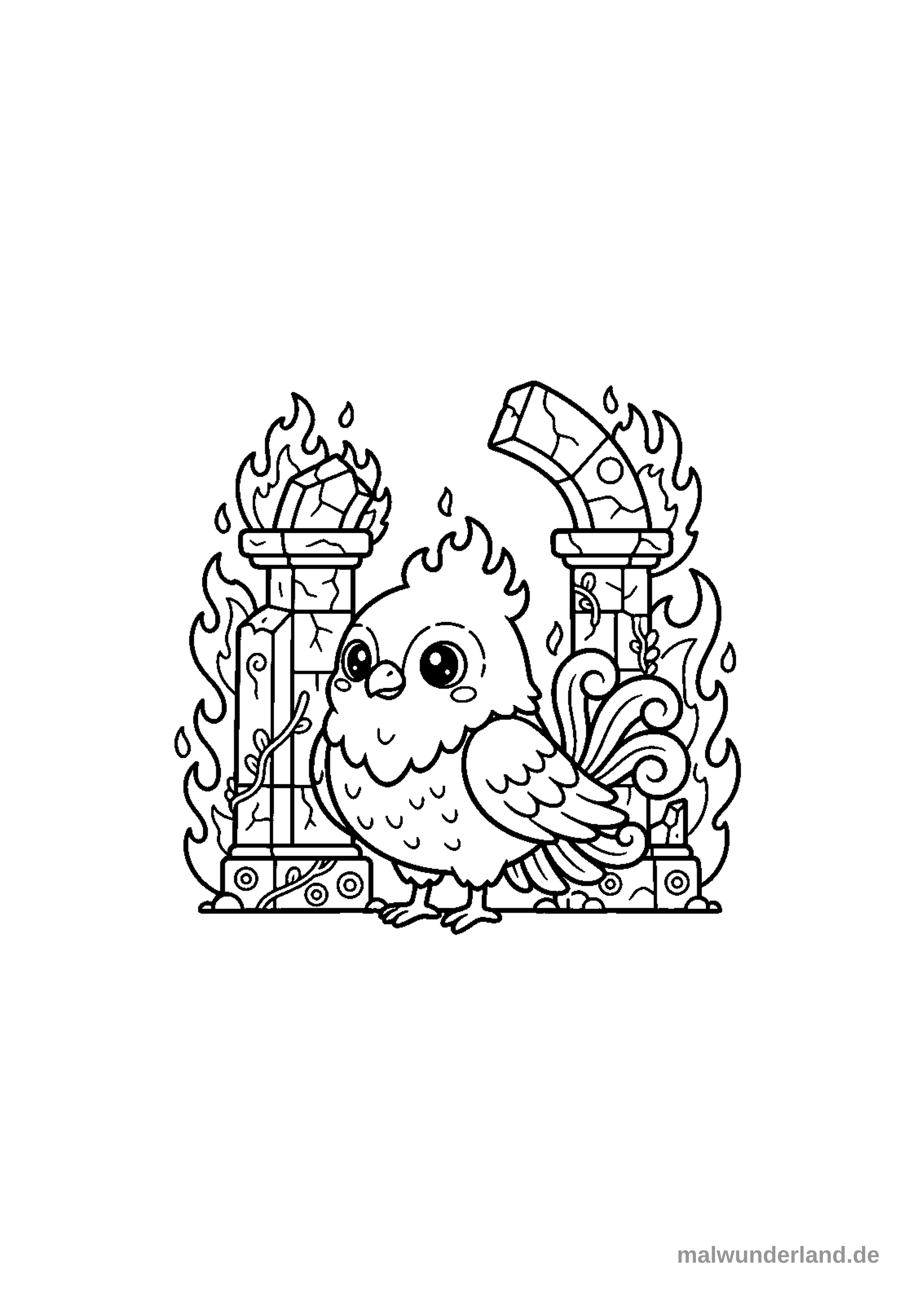 Ein Feuervogel, der auf einem verfallenen Tempel thront und diesen bewacht. Der Tempel ist mit komplizierten Ornamenten und Hieroglyphen bedeckt. Flammen schlagen aus den Ruinen.