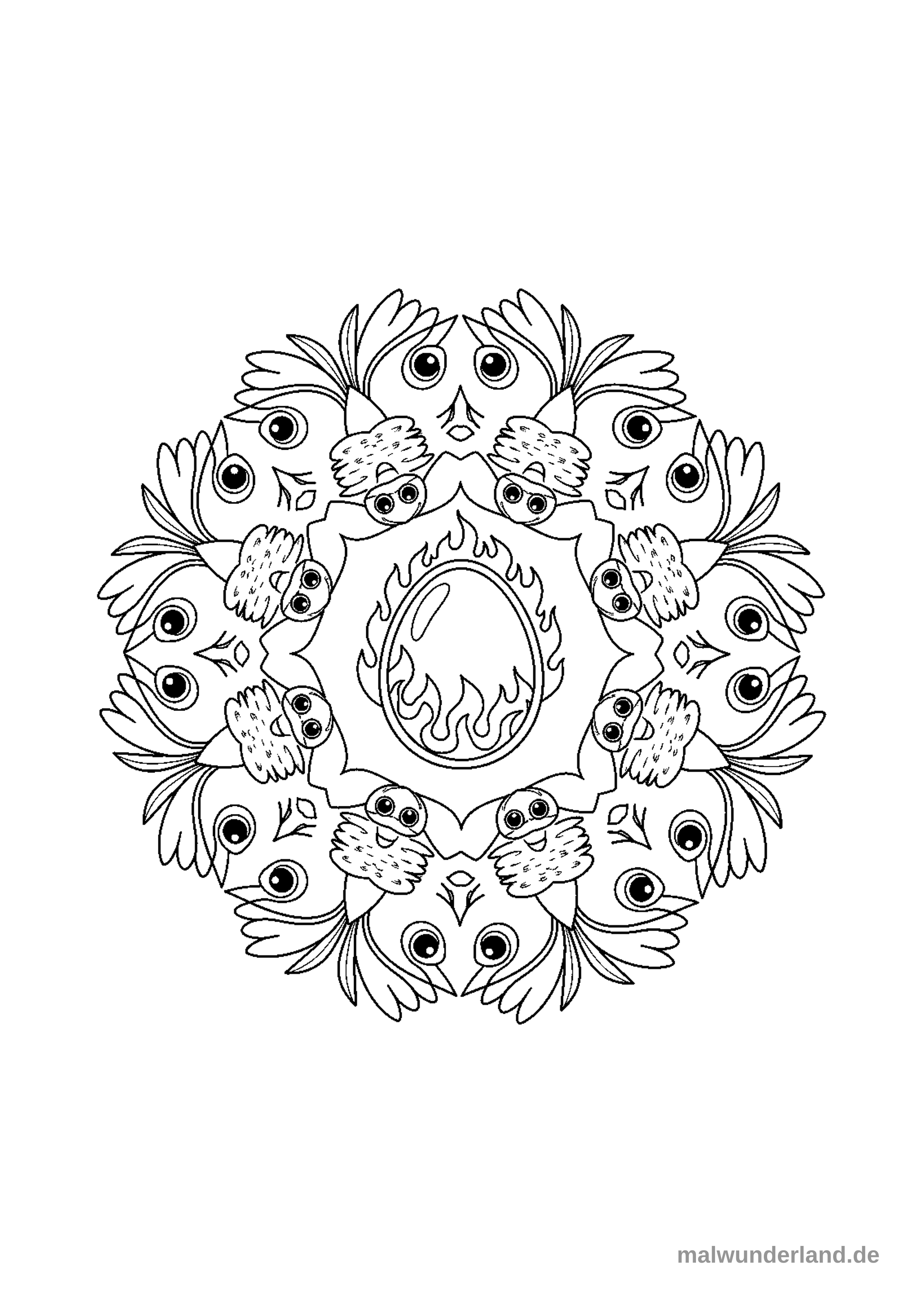 Klicken zum Drucken Ein Phönix, dessen Federn ein kompliziertes Mandala-Muster bilden. Im Zentrum des Mandalas ein Ei, aus dem neue Flammen aufsteigen.