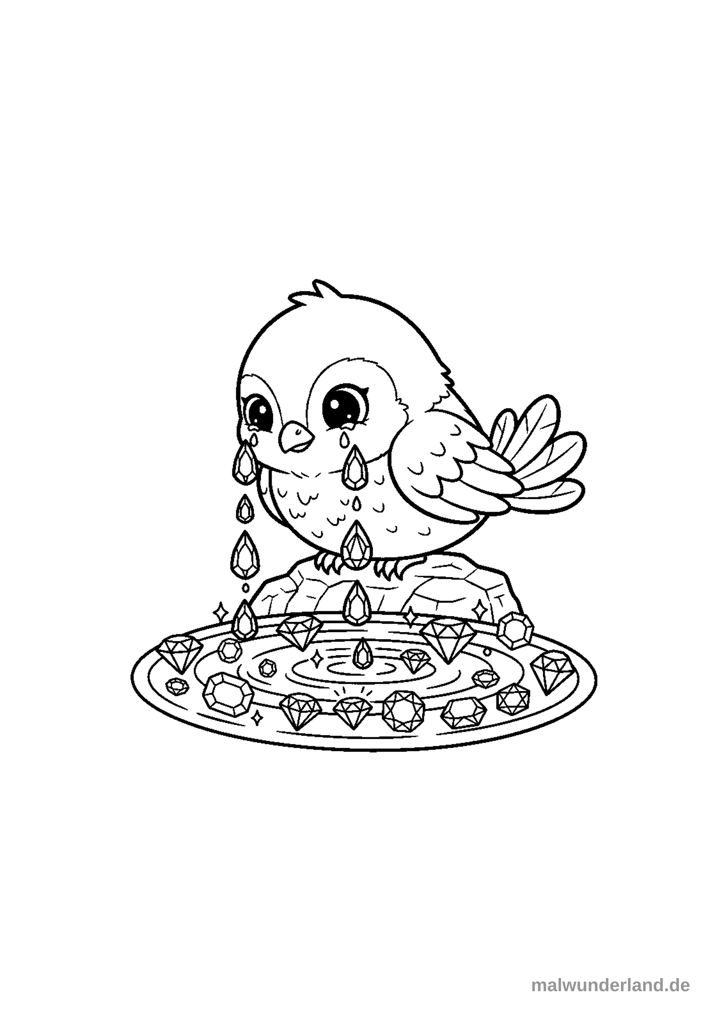 Ein Phönix, der Tränen vergießt, die sich in Edelsteine verwandeln. Die Edelsteine umgeben den Phönix und bilden einen schimmernden See.