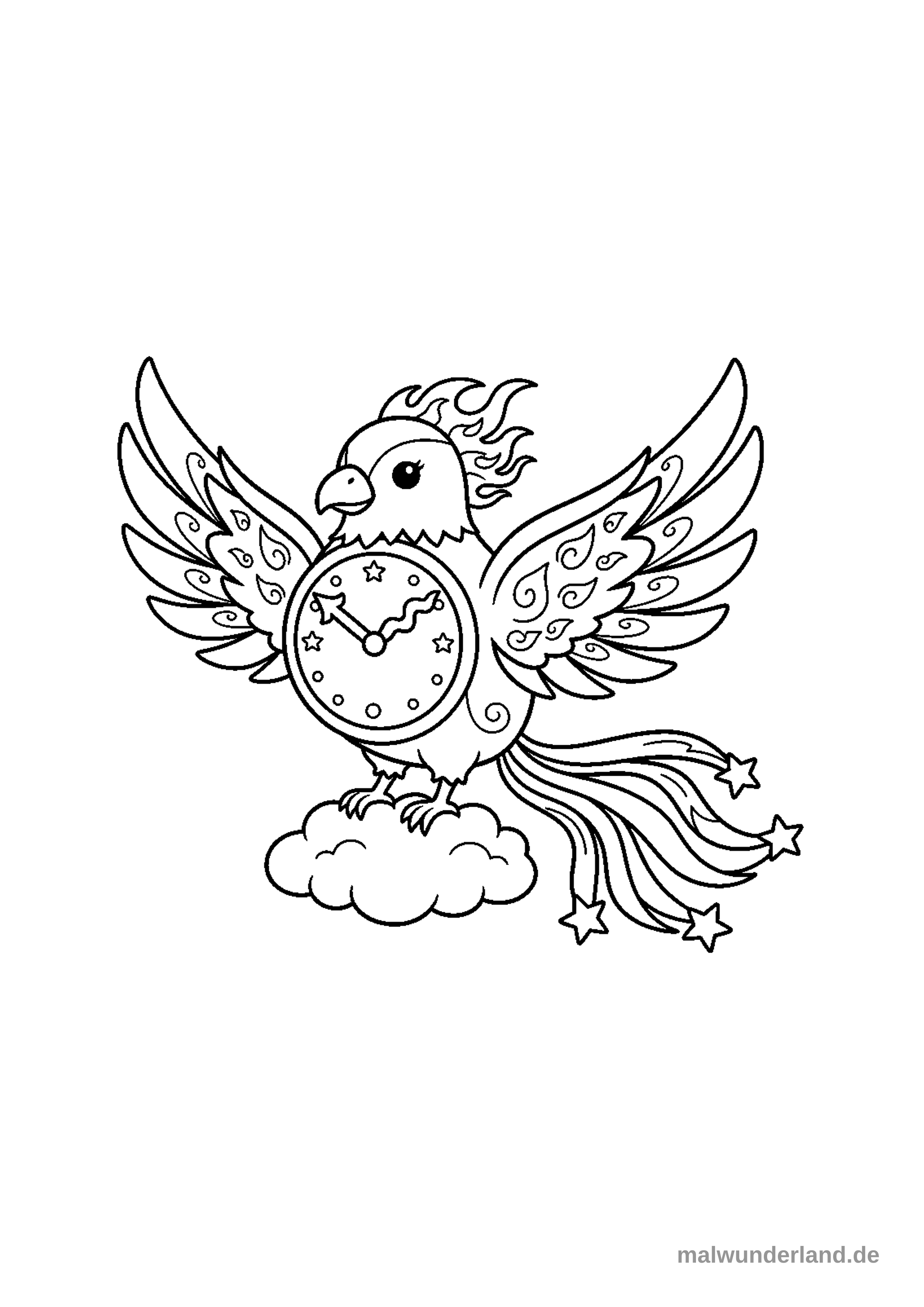 Ein Phönix, dessen Körper die Form einer alten Uhr hat. Die Zeiger der Uhr sind aus Feuer und bewegen sich durch das Zifferblatt aus Sternen.