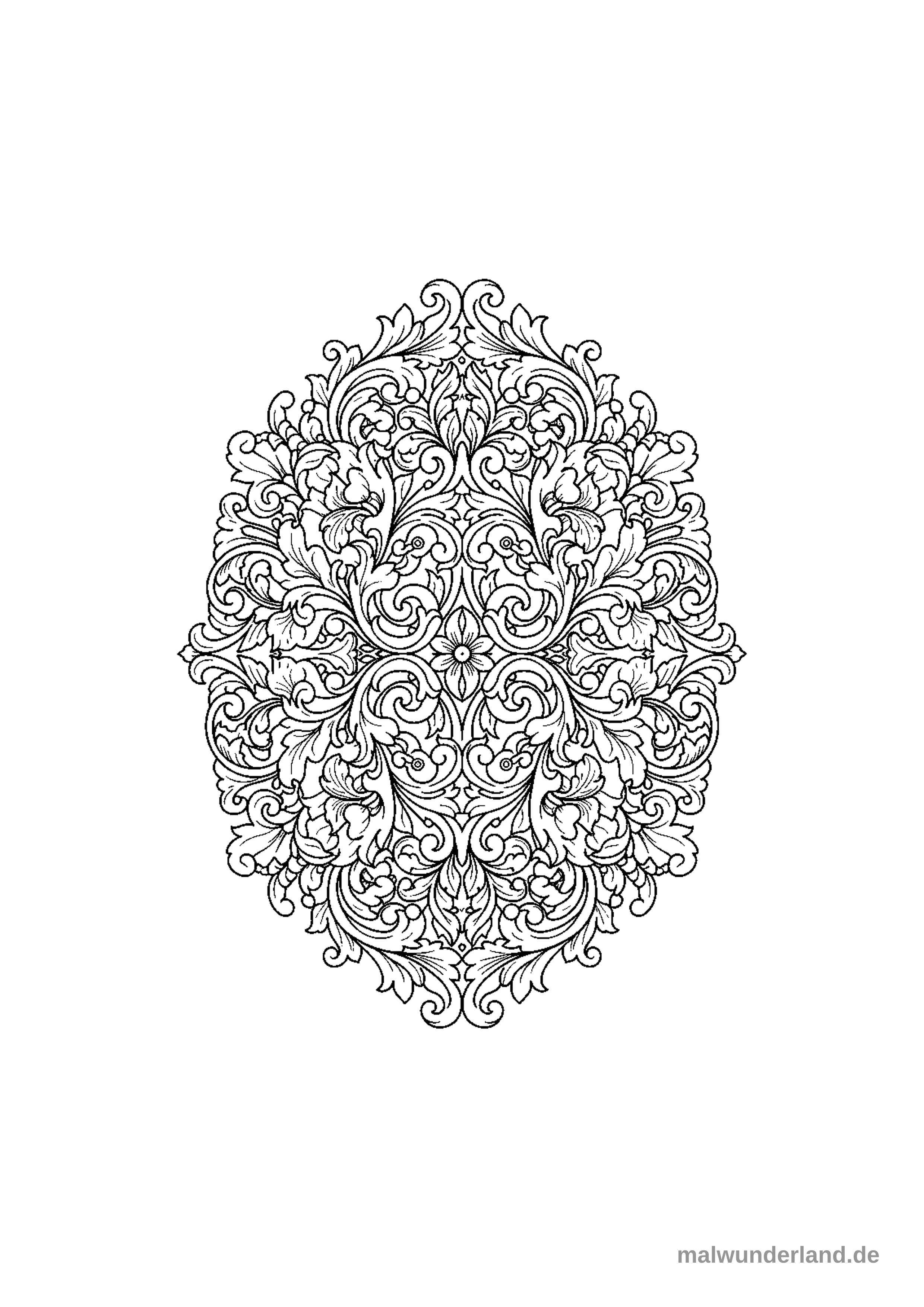 Das Bild zeigt ein sehr detailliertes, symmetrisch angeordnetes Ornament in ovaler Form. Es ist gefüllt mit aufwendigen floralen und blattähnlichen Motiven im Barockstil, die von geschwungenen Ranken durchzogen sind.