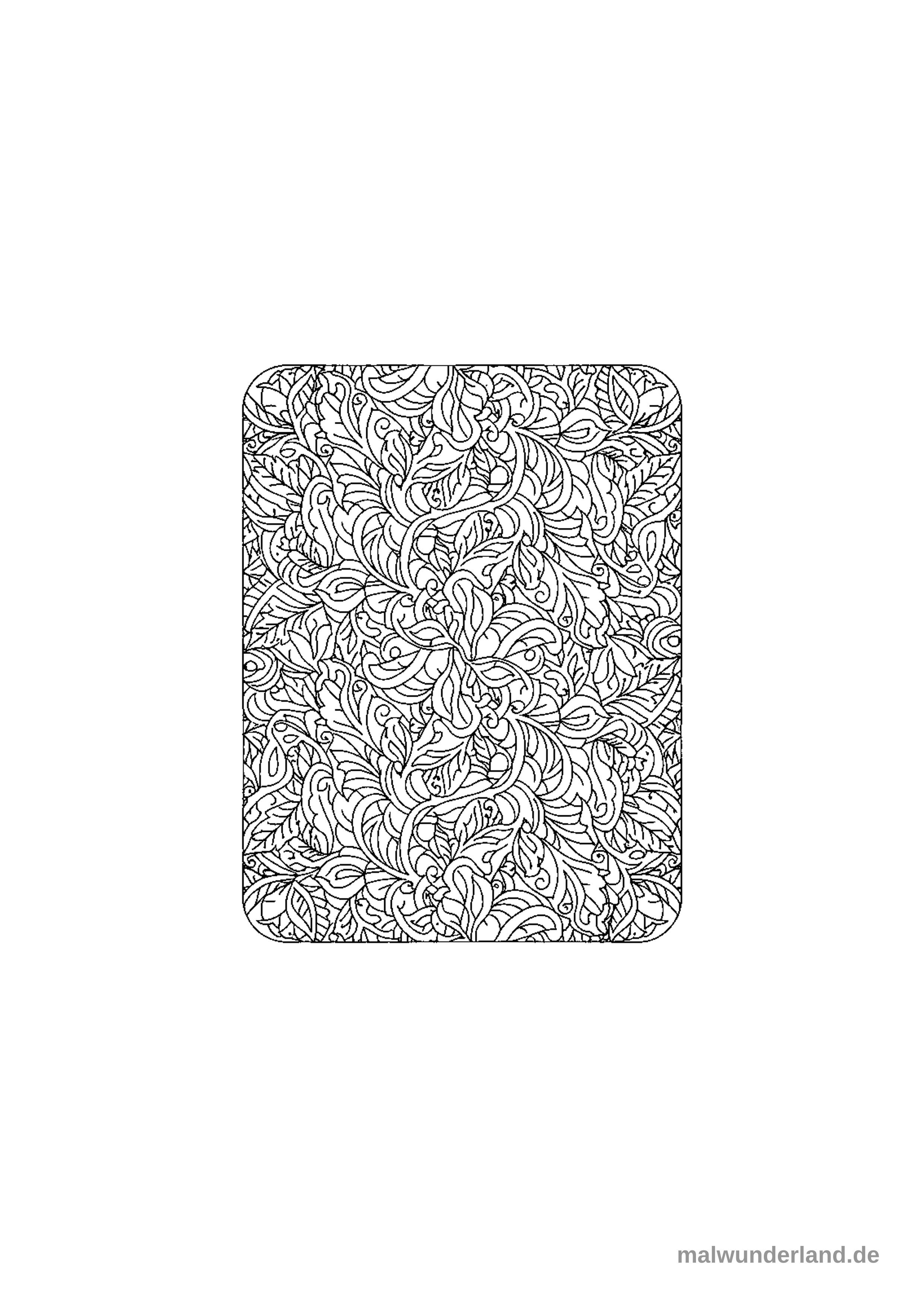 Das Bild zeigt eine detaillierte und dichte Schwarz-Weiß-Linienzeichnung eines floralen Musters, das aus zahlreichen ineinander verwobenen Blättern und geschwungenen organischen Formen besteht. Das gesamte Muster füllt eine abgerundete rechteckige Fläche und ist als Ausmalbild konzipiert.