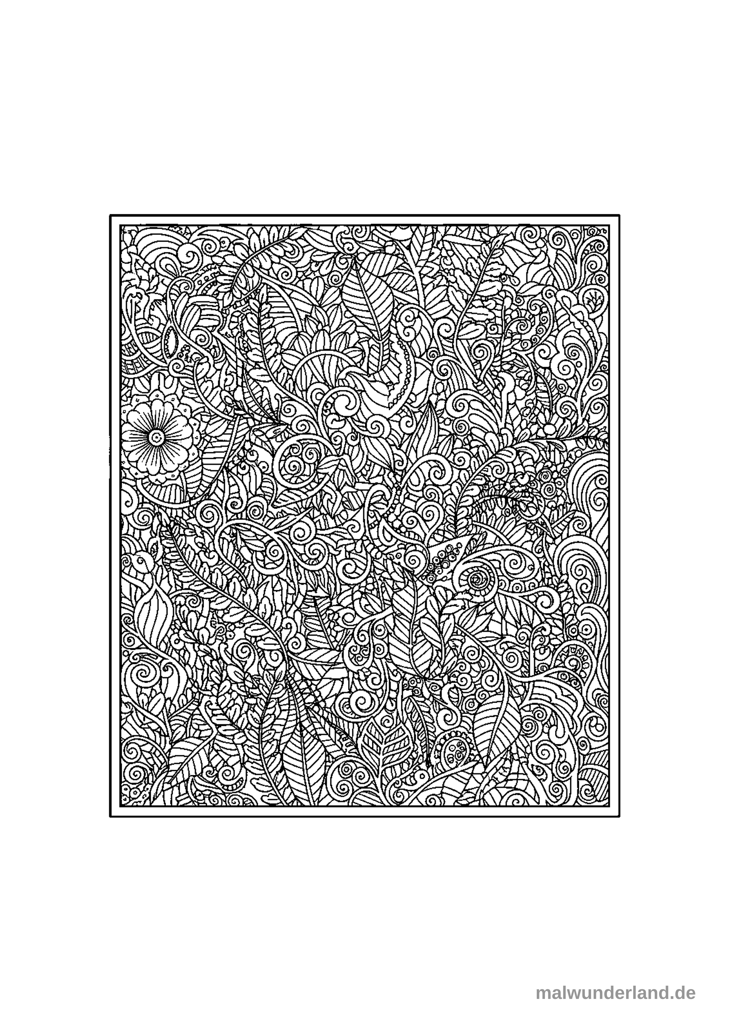 Das Bild zeigt ein dichtes, detailliertes Ausmalmuster aus verschiedenen Blättern, Farnen, Ranken und einigen Blüten, die die gesamte Fläche füllen. Es ist eine Schwarz-Weiß-Linienzeichnung, die zum Ausmalen gedacht ist.