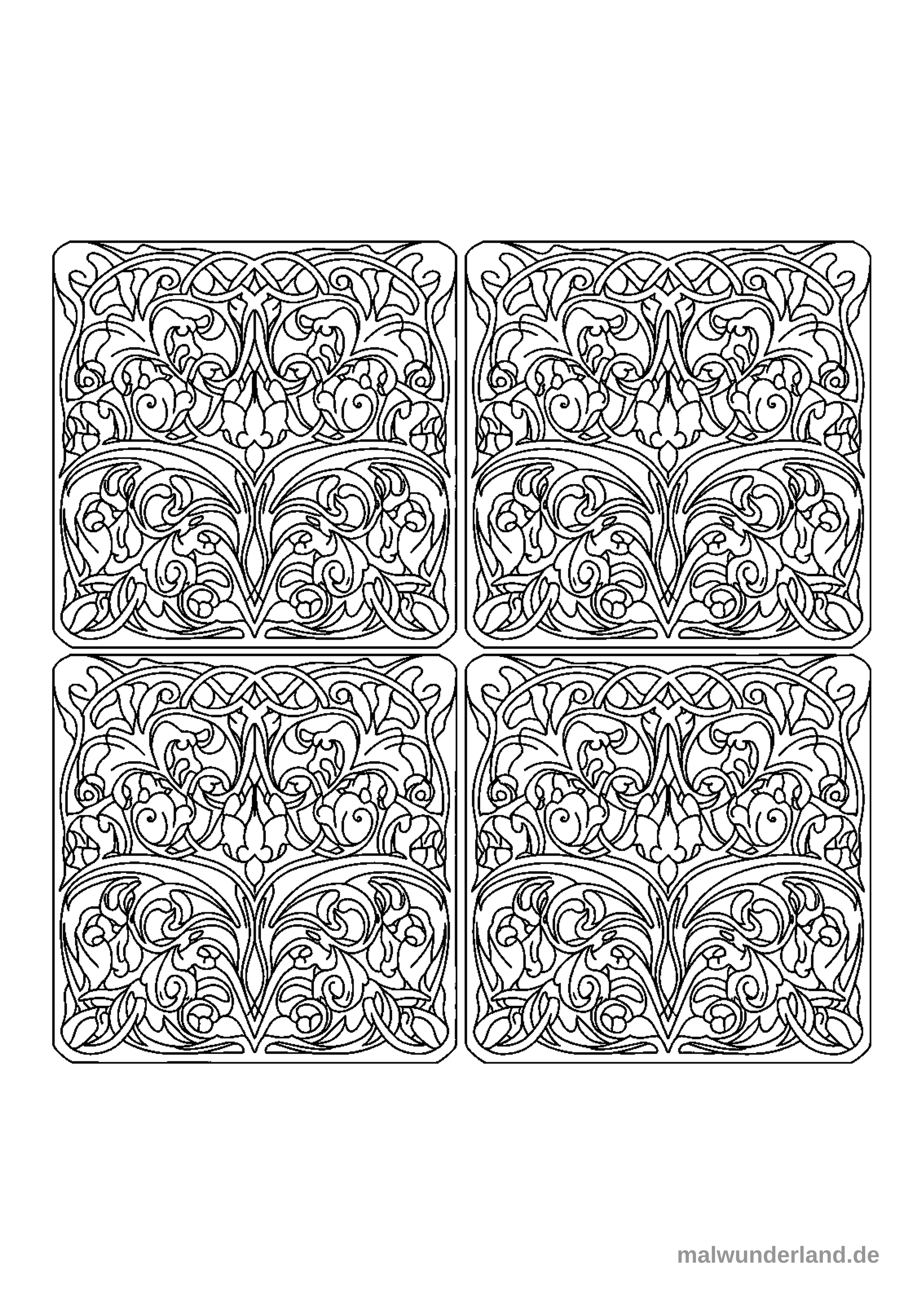 Das Bild zeigt vier identische, rechteckige Paneele, die jeweils ein komplexes florales Ornament im Jugendstil präsentieren. Jedes Panel ist von einer dicken Linie umrandet und enthält stilisierte Blüten, Blätter und Ranken in einer symmetrischen Anordnung.