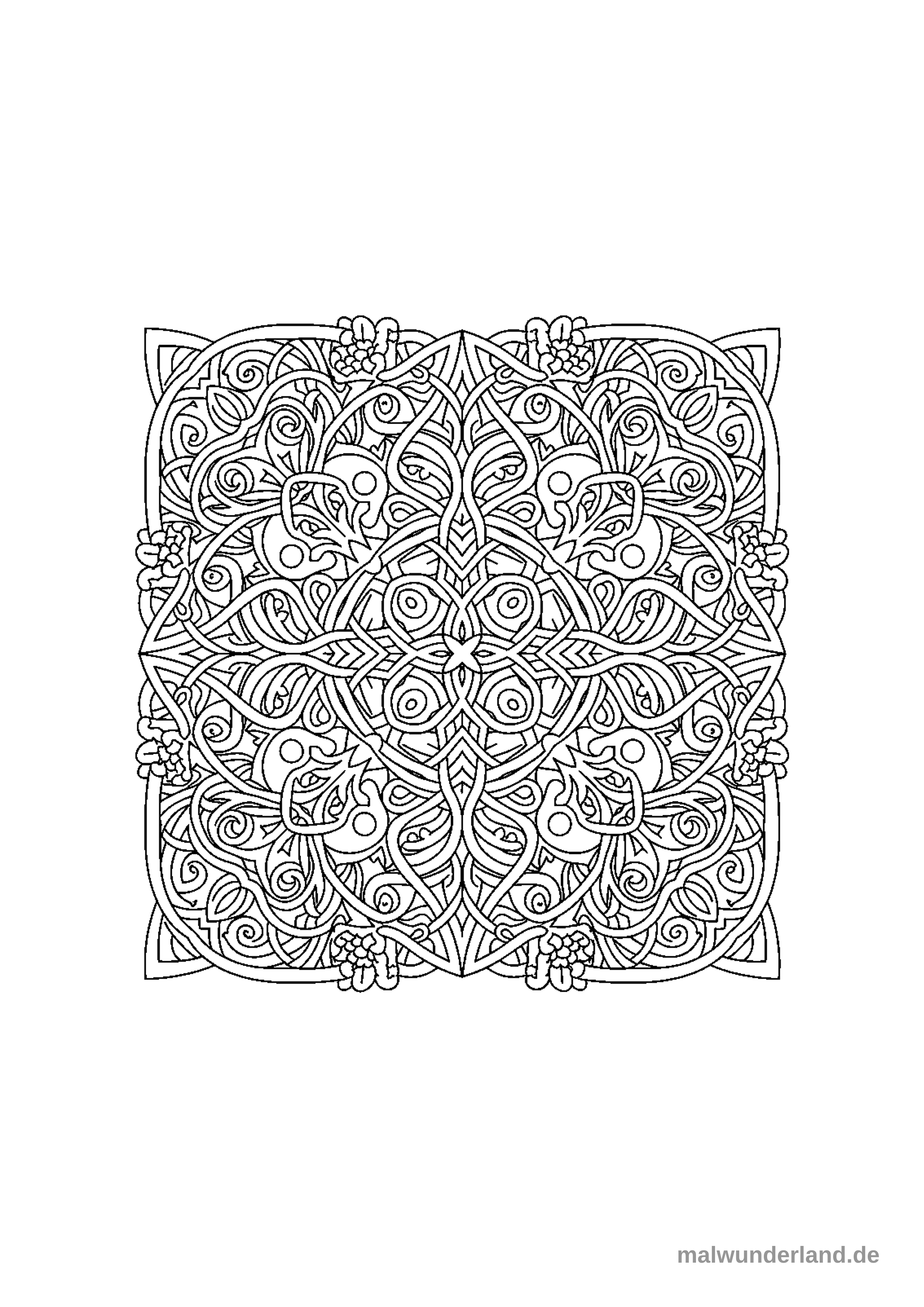 Das Bild zeigt ein sehr detailliertes und komplexes, quadratisches Knotenmuster im Stil keltischer Ornamente. Es besteht aus einer Vielzahl von symmetrisch angeordneten, verschlungenen Linien, die sich zu stilisierten floralen Formen und organischen Ranken verflechten.