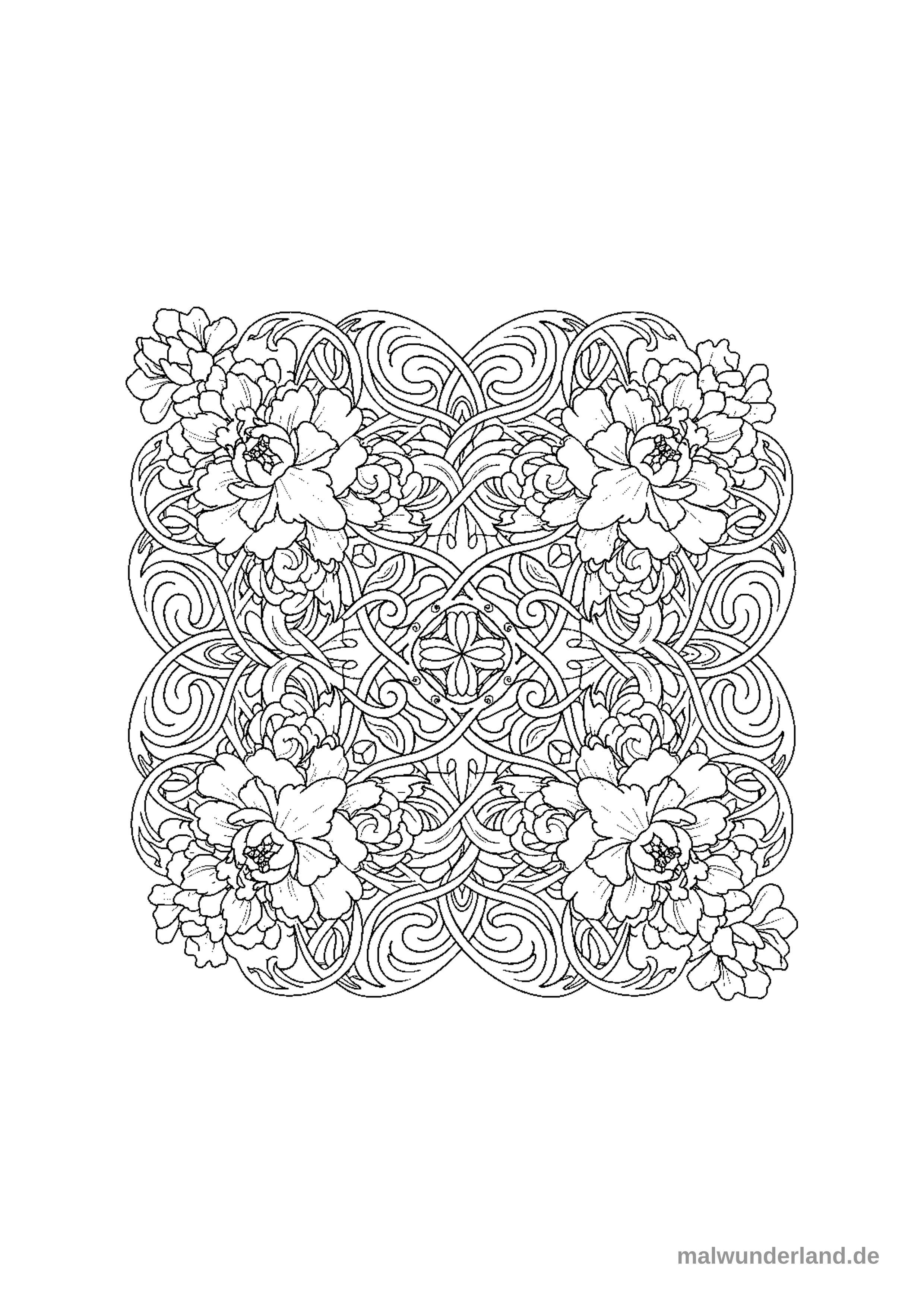 Das Bild zeigt ein symmetrisches, quadratisches florales Ornament. Vier große Pfingstrosenblüten in den Ecken sind von kleineren Pfingstrosen und einem filigranen Gitter aus geschwungenen Linien und blattartigen Elementen umgeben, das sich in einem stilisierten Kreuz in der Mitte trifft.
