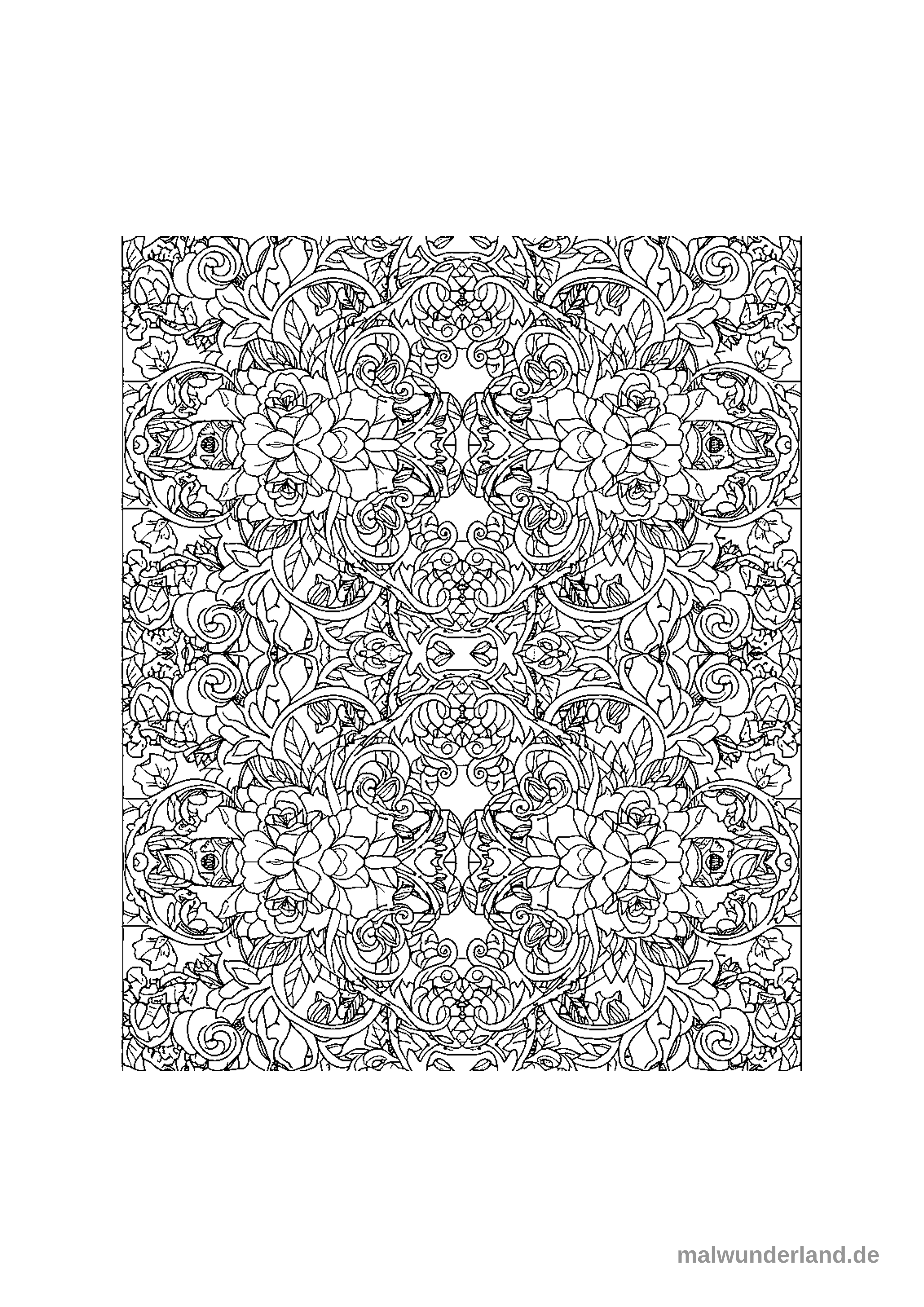 Das Bild zeigt ein dichtes, symmetrisches Muster aus stilisierten Rosen, Blättern und filigranen, verschlungenen Ranken und Ornamenten. Es handelt sich um eine detaillierte Ausmalvorlage, die florale und organische Formen miteinander verbindet.