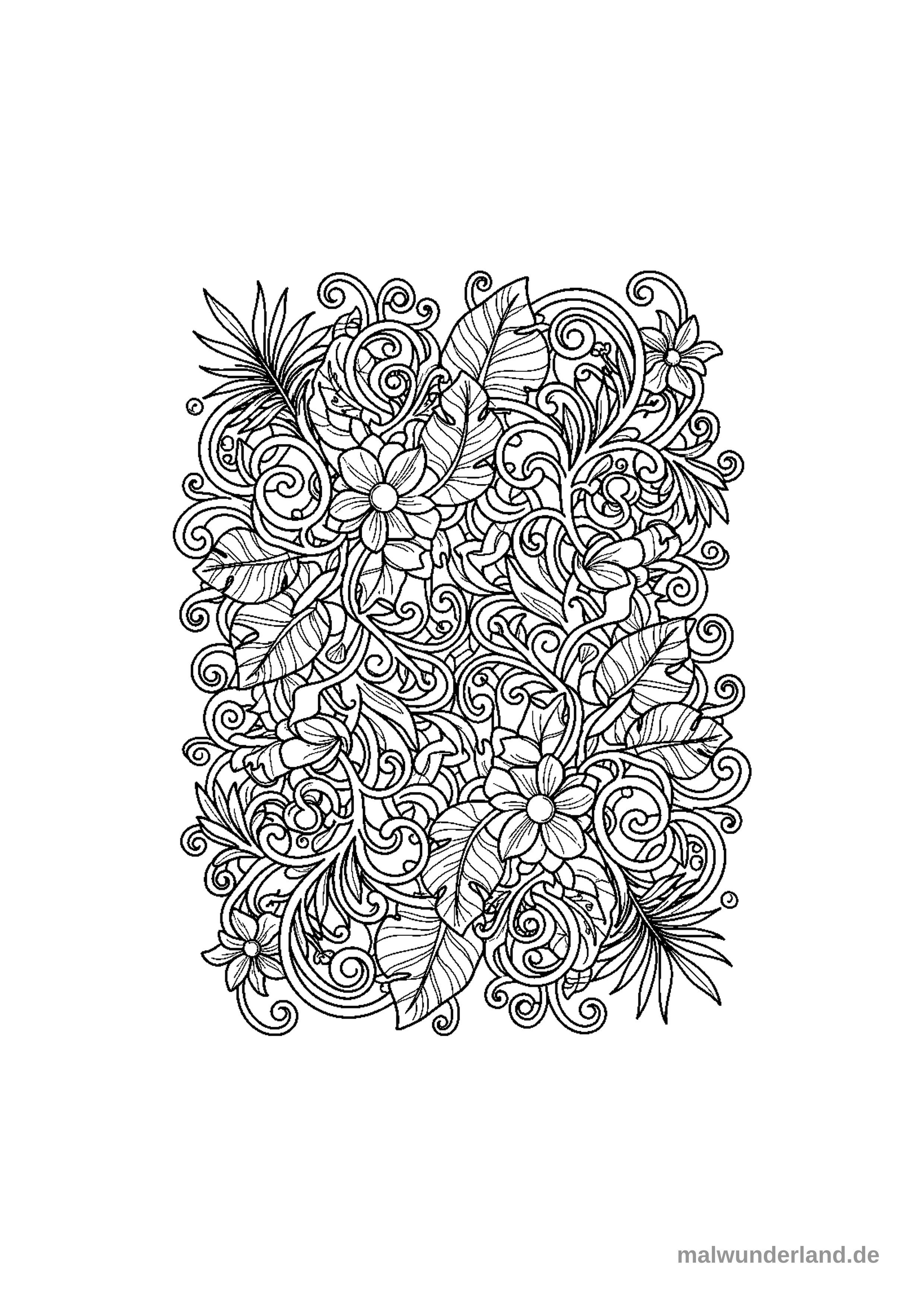 Klicken zum Drucken Das Ausmalbild zeigt ein dichtes Arrangement aus tropischen Blättern, exotischen Blüten und verschlungenen Ranken, die ein komplexes und detailliertes Muster bilden. Es ist ein ornamentales Design ohne weitere Objekte oder Hintergründe.
