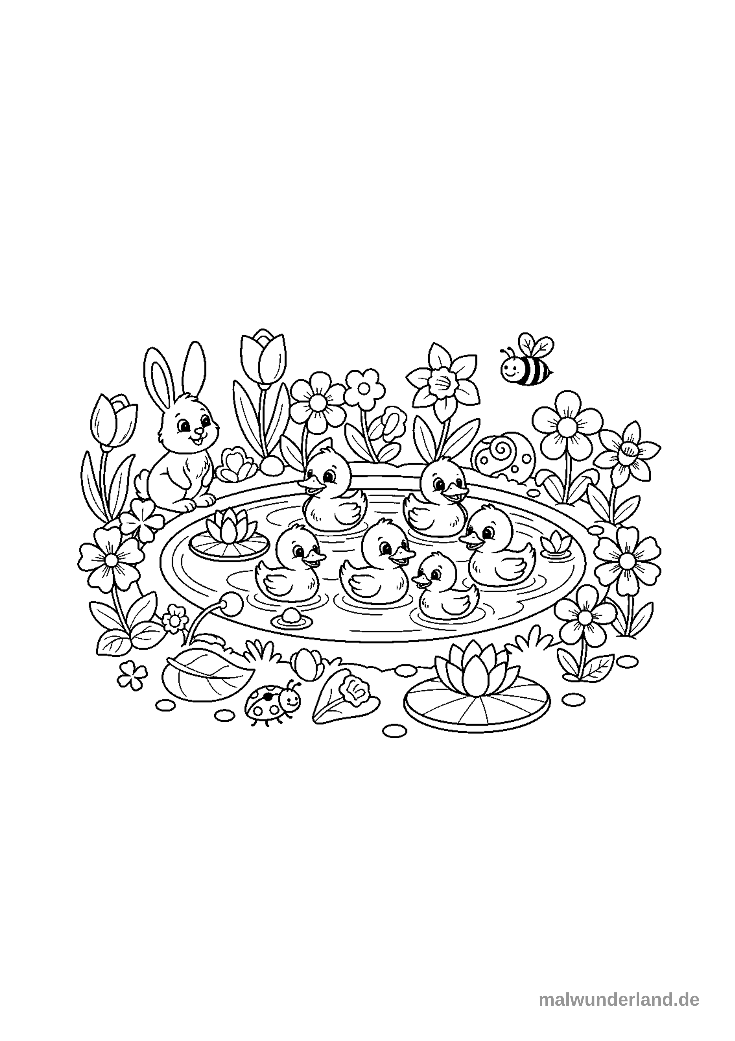 Das Ausmalbild zeigt sieben niedliche Entenküken, die vergnügt in einem Teich schwimmen, umgeben von einer blühenden Frühlingslandschaft. Ein Hase sitzt am Ufer, während eine Biene, eine Schnecke und ein Marienkäfer weitere Details in dieser idyllischen Szene darstellen.