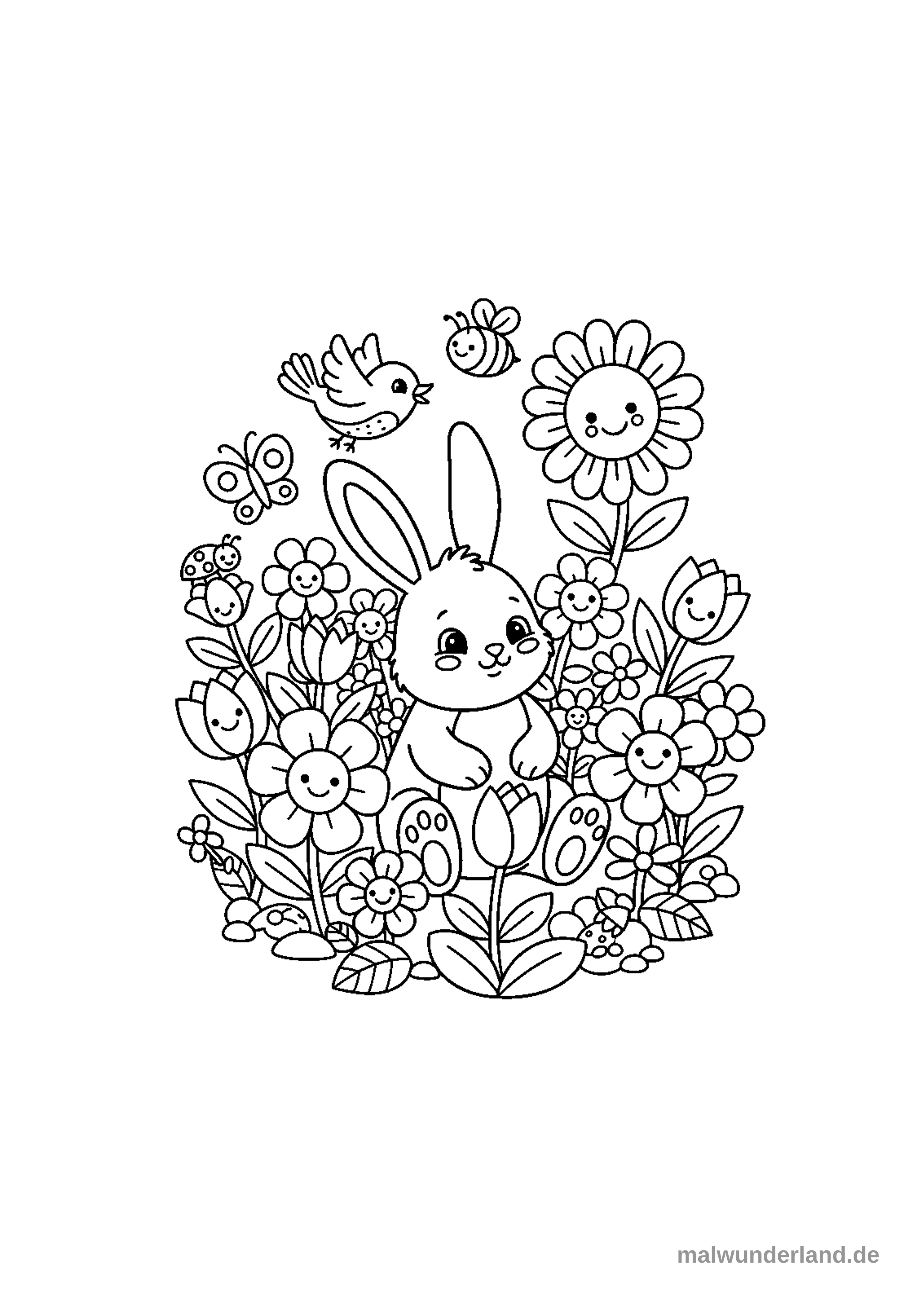 Ein süßes Häschen sitzt mitten in einem dichten Blumenbeet voller lachender Blumen. Verschiedene Tiere wie ein Vogel, eine Biene, ein Schmetterling und ein Marienkäfer bevölkern ebenfalls die blühende Szene.