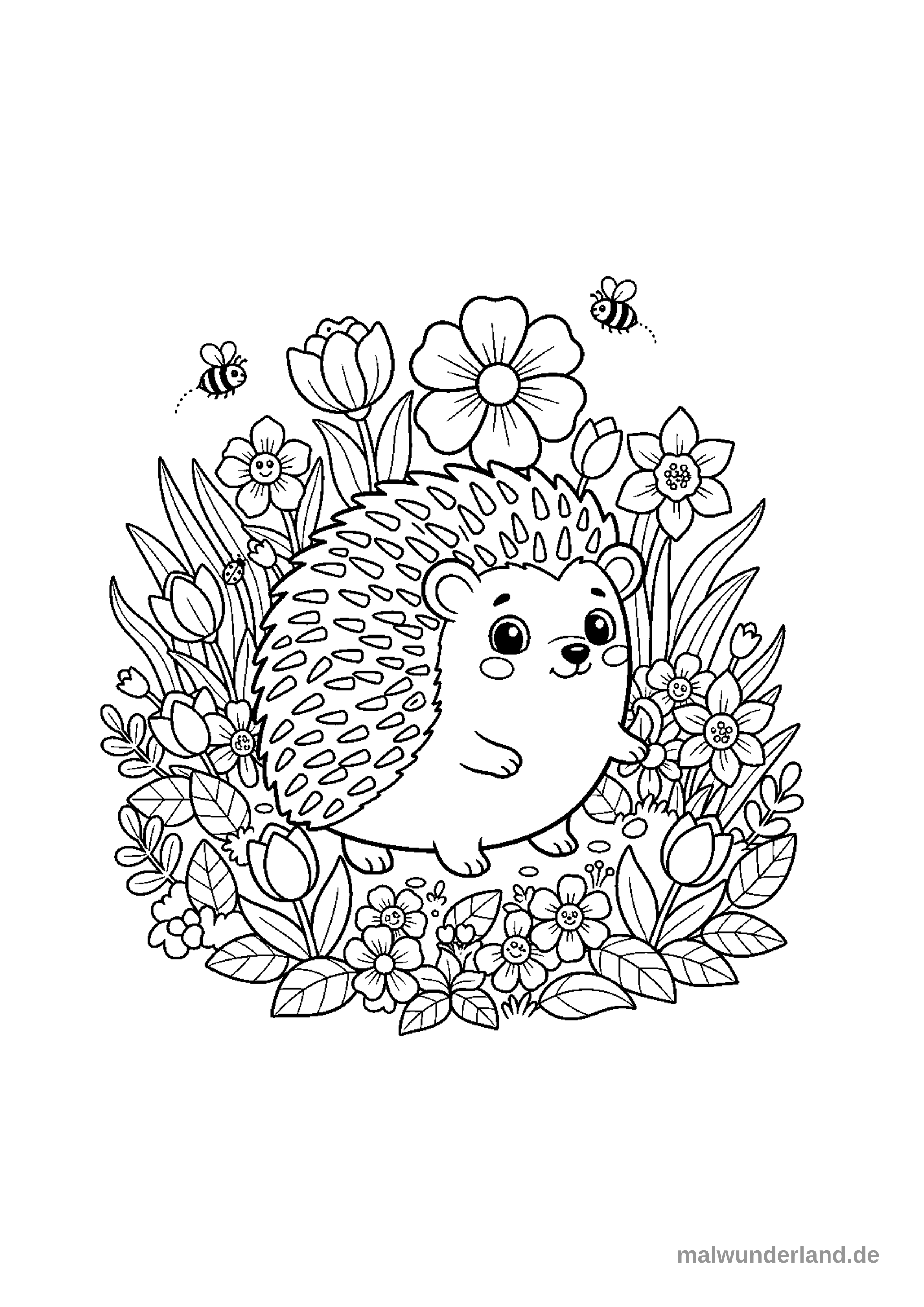 Ein niedlicher Igel sitzt inmitten einer üppigen Blumenwiese, die von verschiedenen Blüten, Blättern und Gräsern umgeben ist. Zwei fleißige Bienen summen über den Blumen, und ein kleiner Marienkäfer ist auf einem Blatt zu sehen.