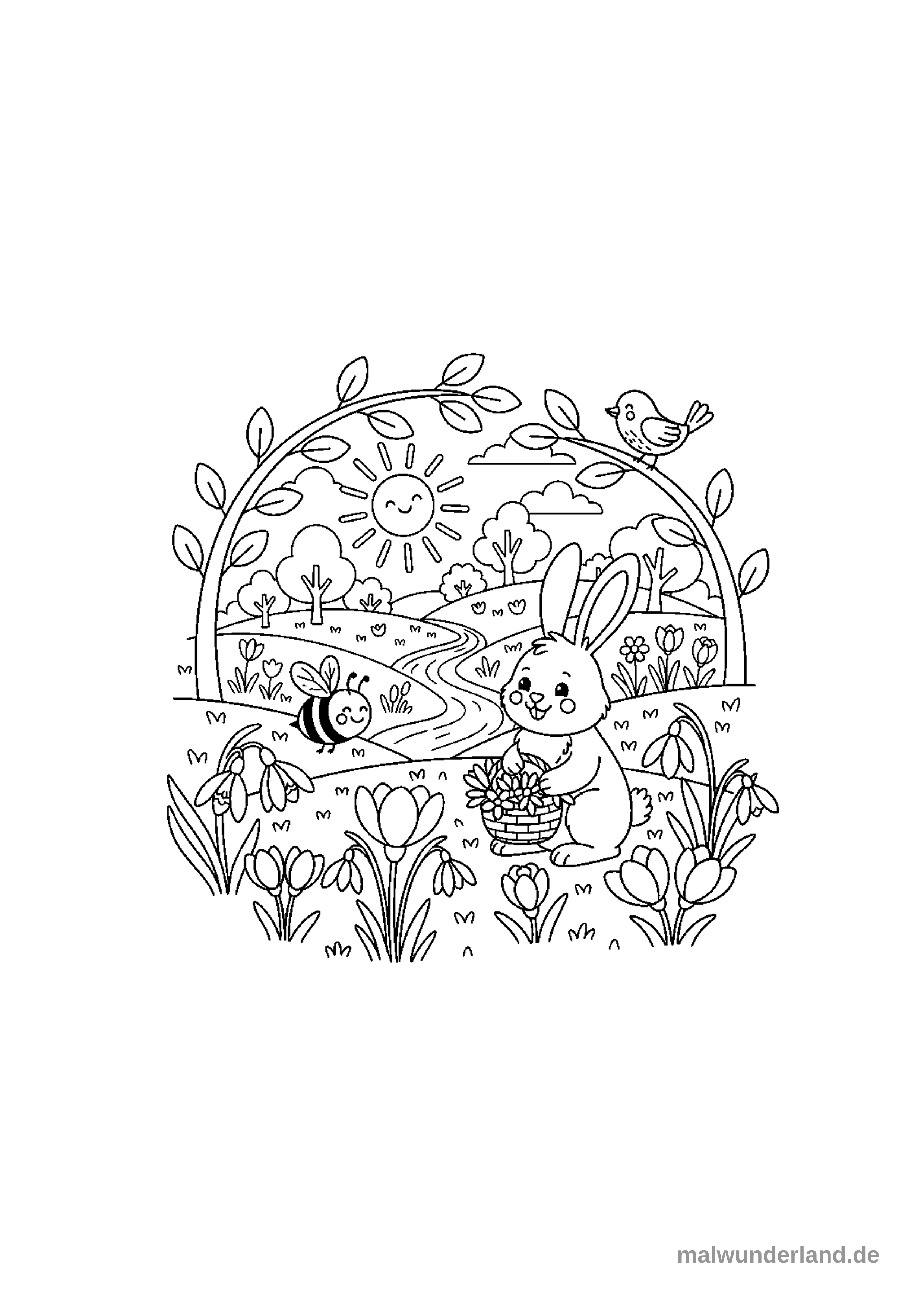 Dieses Ausmalbild zeigt einen freundlichen Hasen, der in einer Frühlingslandschaft einen Korb voller Blumen hält. Umgeben von Schneeglöckchen, Krokussen und Bäumen unter einem lachenden Sonnenschein, sind auch eine Biene und ein Vogel auf einem Bogen aus Ästen zu sehen.