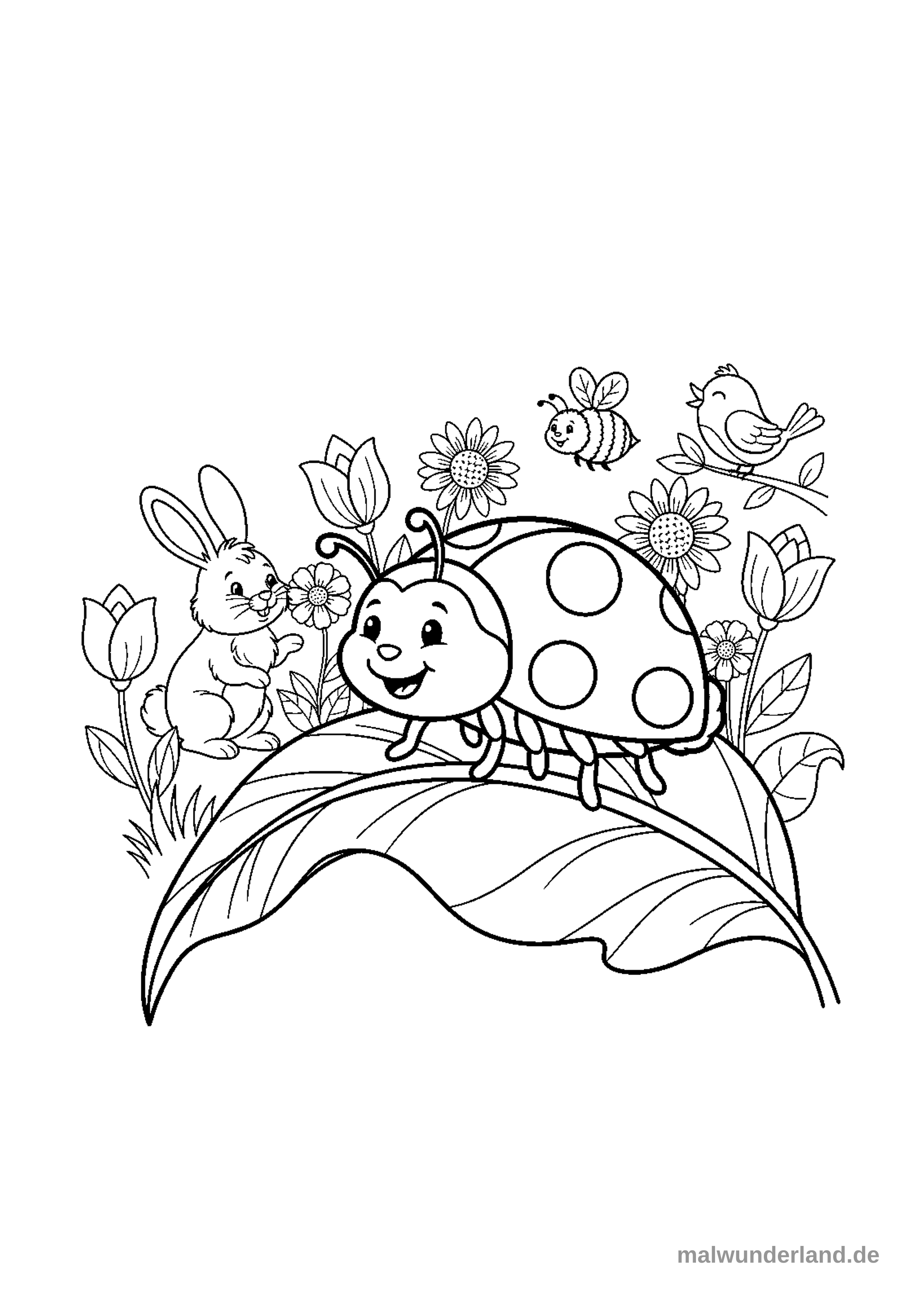 Das Ausmalbild zeigt einen lächelnden Marienkäfer, der auf einem großen Blatt krabbelt. Er ist umgeben von Frühlingsblumen und weiteren Tieren wie einem Hasen, einer Biene und einem Vogel.