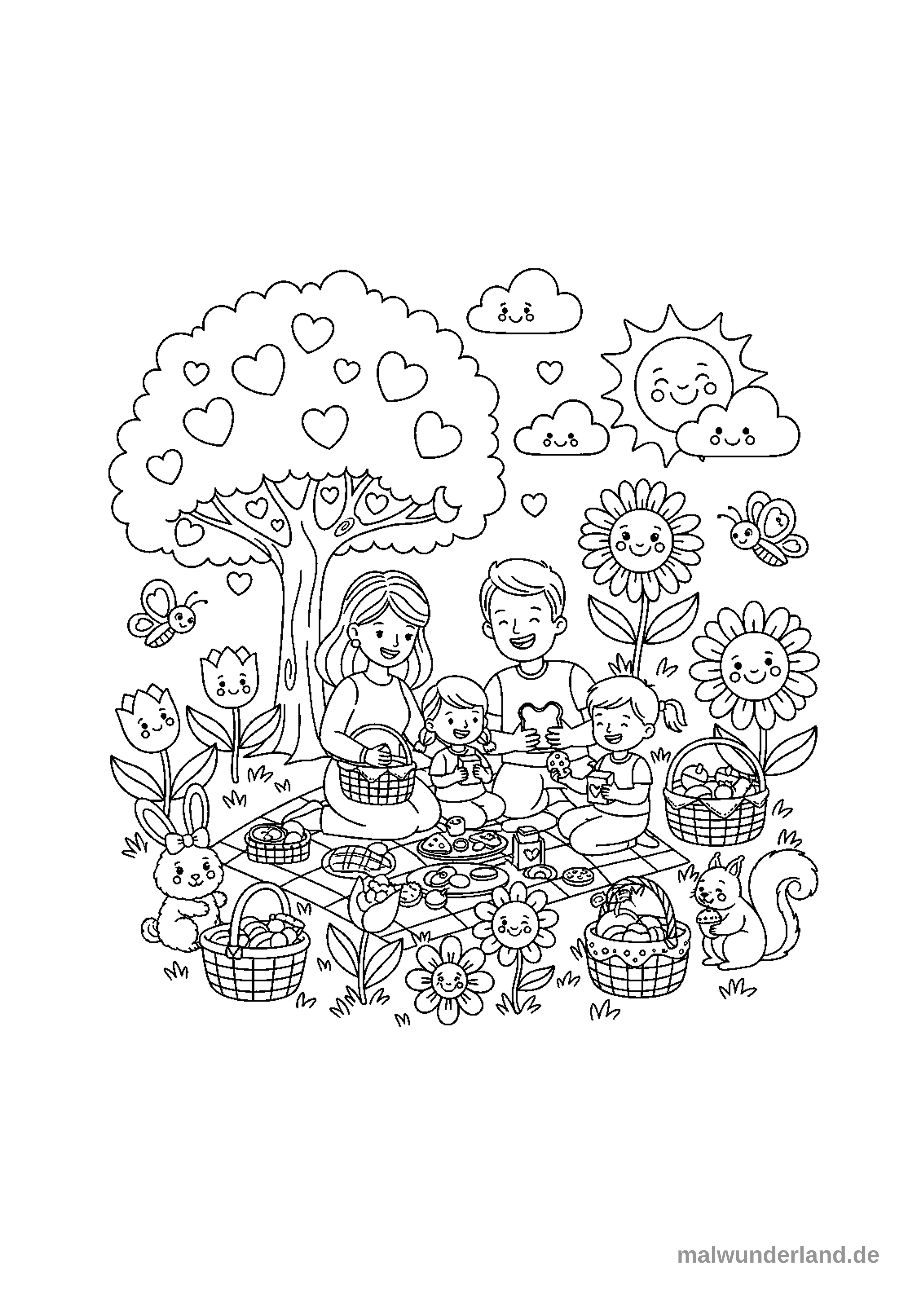Das Ausmalbild zeigt eine glückliche Familie, bestehend aus zwei Eltern und zwei Kindern, die ein Picknick unter einem Baum mit herzförmigen Blättern genießen. Sie sind umgeben von lachenden Blumen, Tieren wie einem Hasen und einem Eichhörnchen, sowie einem lächelnden Himmel mit Sonne und Wolken.