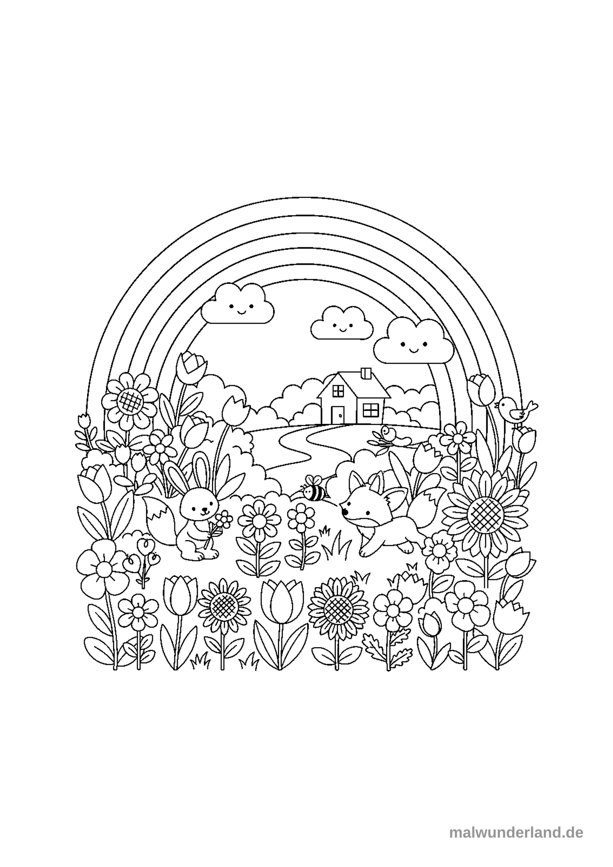 Klicken zum Drucken Das Bild zeigt eine fröhliche Frühlingslandschaft mit einem großen Regenbogen über einem blühenden Garten. Zahlreiche Blumen, ein kleines Haus, lächelnde Wolken und verschiedene Tiere wie ein Hase, ein Fuchs und eine Biene sind zu sehen.