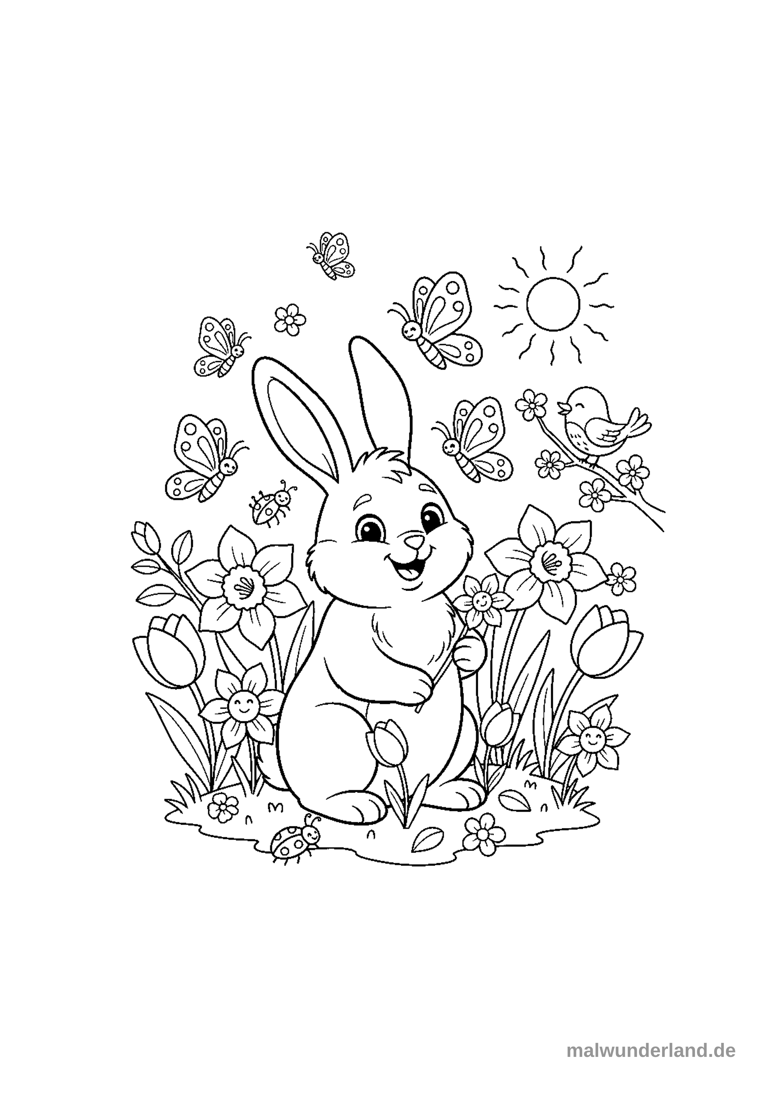 Klicken zum Drucken Ein fröhlicher Hase steht inmitten einer Frühlingswiese voller Narzissen, Tulpen und kleinen Blüten. Um ihn herum fliegen mehrere Schmetterlinge und Marienkäfer, während ein Vogel auf einem blühenden Ast sitzt und die Sonne am Himmel strahlt.