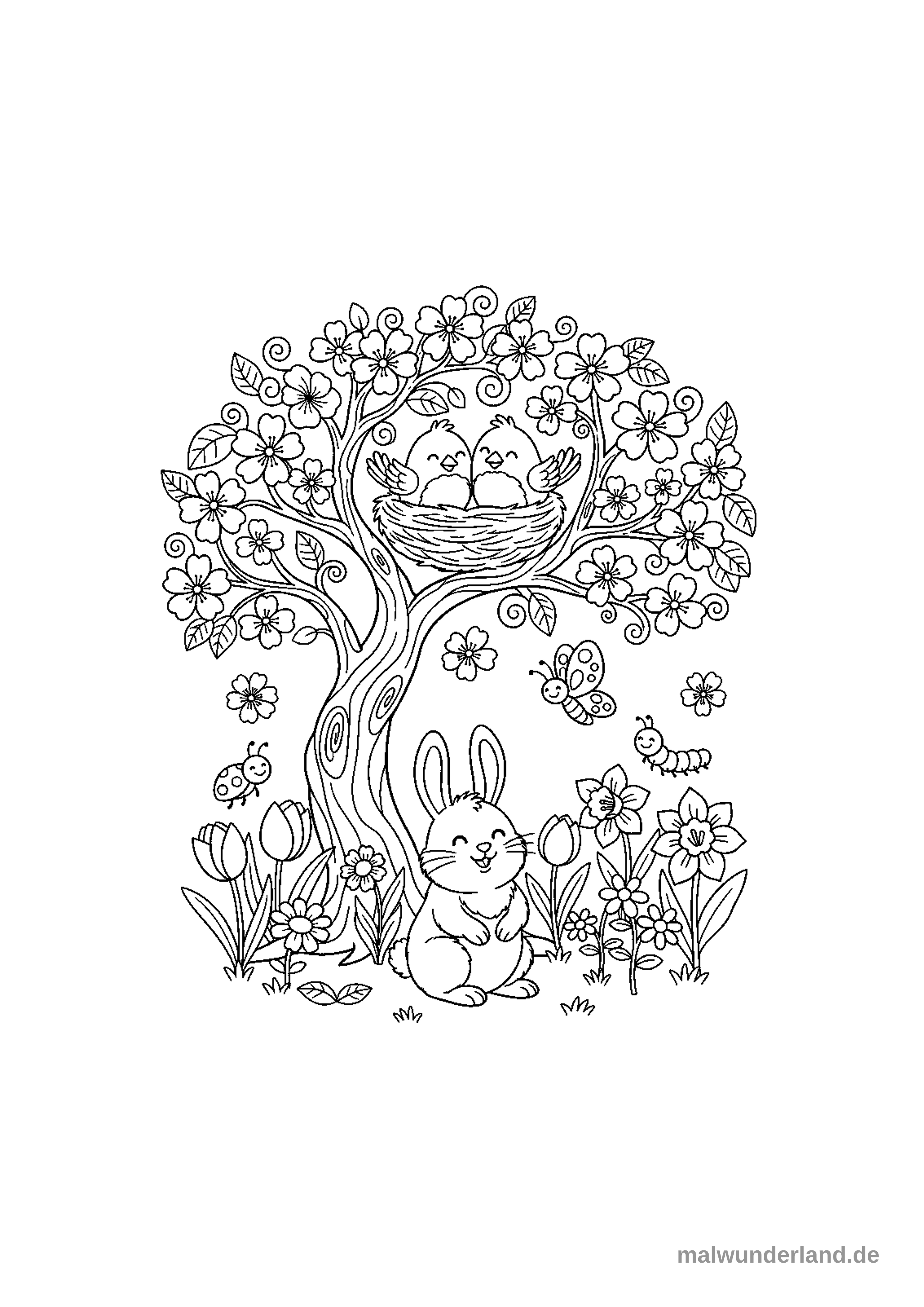 Das Ausmalbild zeigt eine idyllische Frühlingsszene mit einem blühenden Baum, in dessen Krone zwei Vogelküken in einem Nest sitzen. Am Fuße des Baumes tummeln sich ein lächelnder Hase, verschiedene Frühlingsblumen und kleine Insekten wie ein Marienkäfer, ein Schmetterling und eine Raupe.