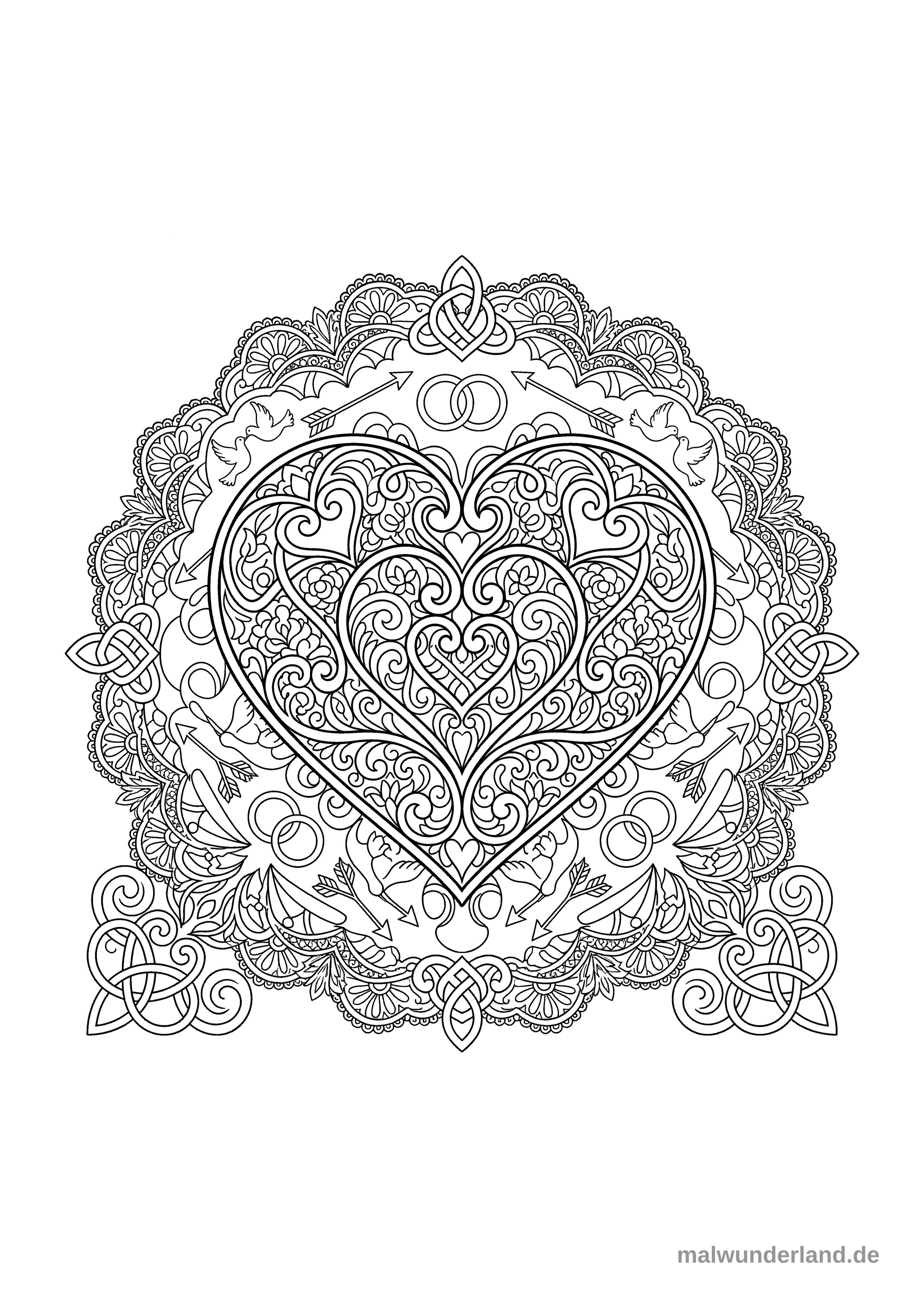 Klicken zum Drucken Mandala mit Herzen und liebevollen Mustern