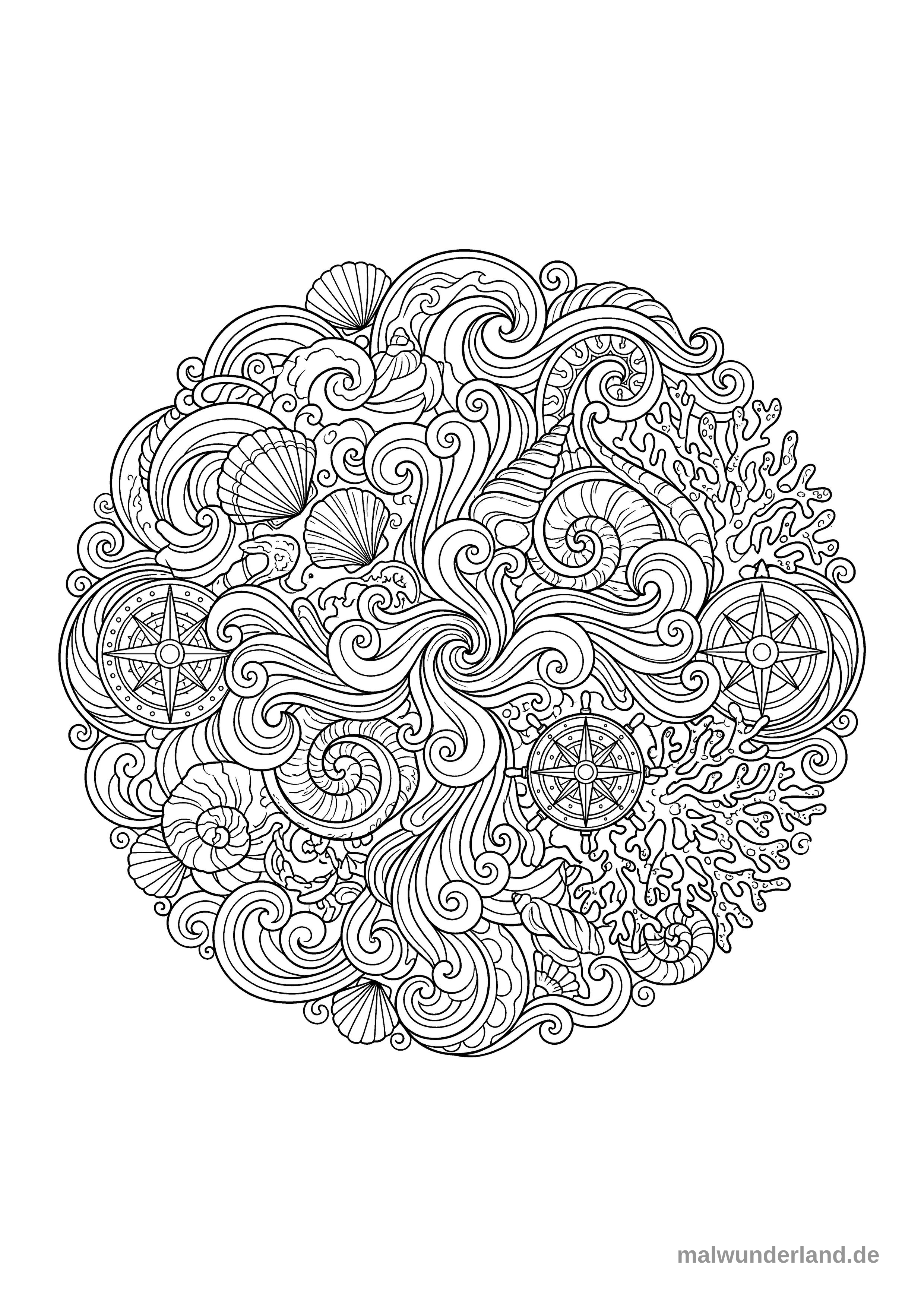 Klicken zum Drucken Mandala mit Wellen, Muscheln und maritimen Elementen
