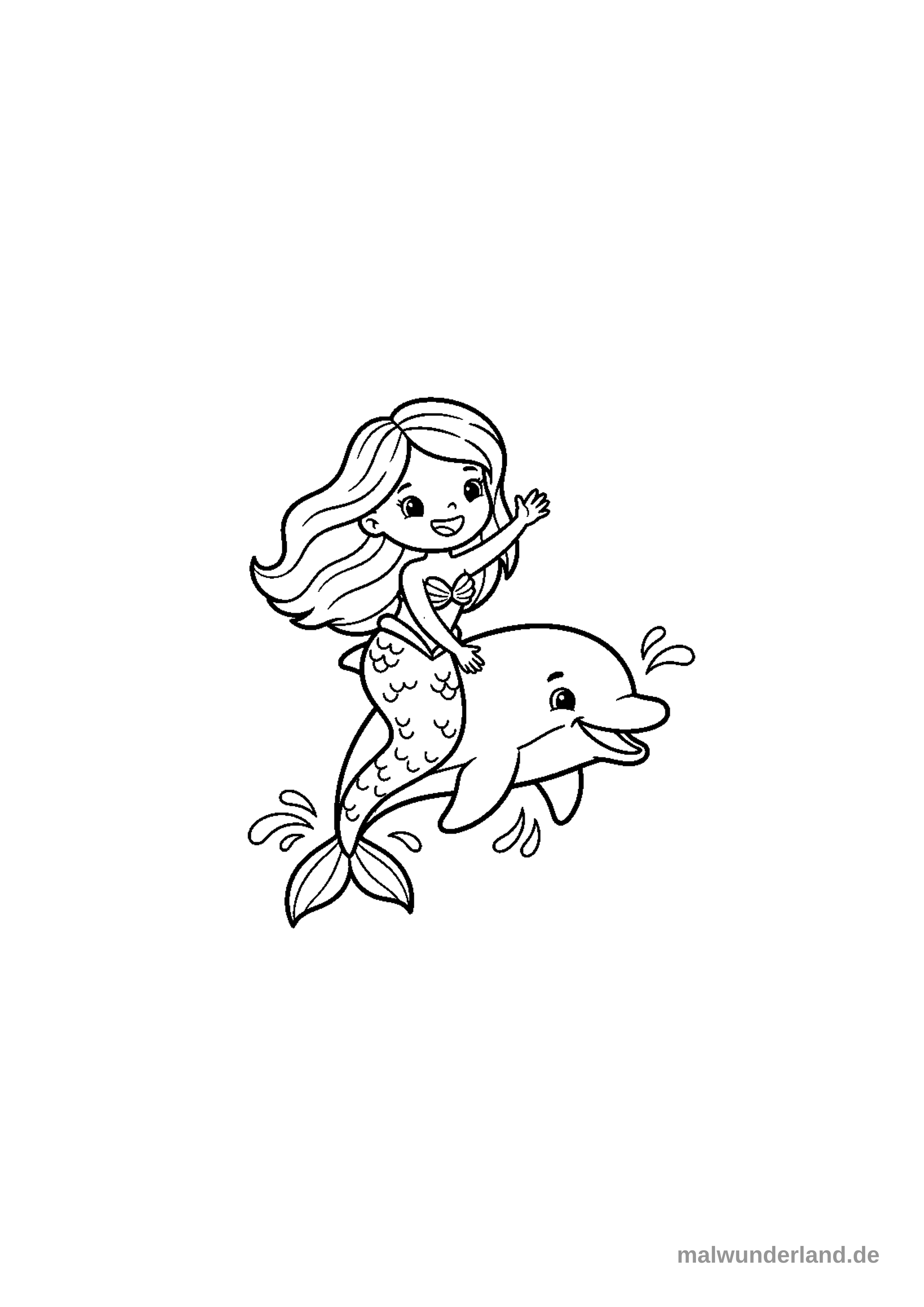 Das Bild zeigt eine lachende Meerjungfrau mit welligem Haar, die auf dem Rücken eines fröhlich lächelnden Delfins reitet. Beide sind von dynamischen Wasserspritzern umgeben, die ihre Bewegung unterstreichen.