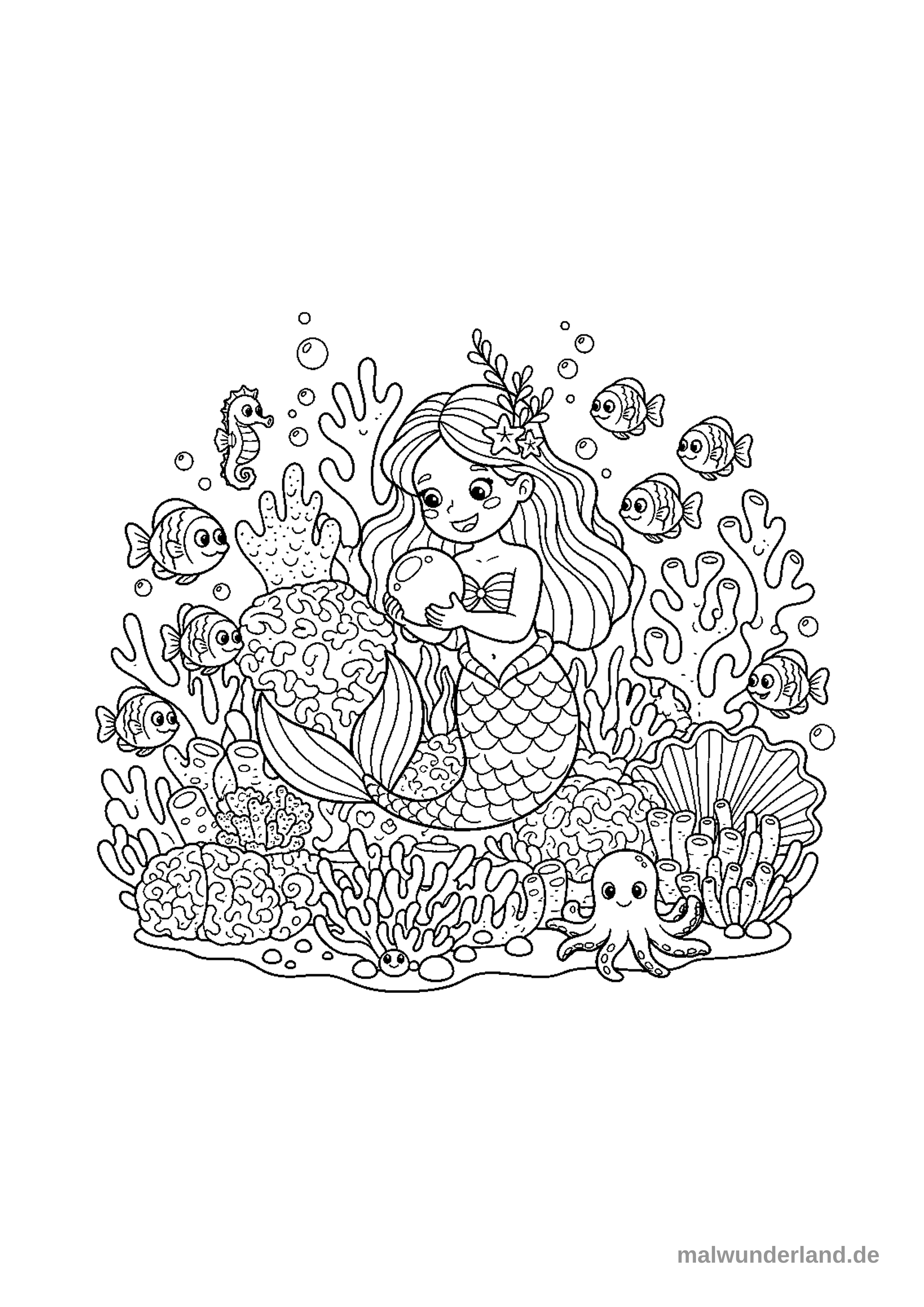 Klicken zum Drucken Das Bild zeigt eine lächelnde Meerjungfrau, die eine große, glänzende Perle in ihren Händen hält. Sie ist umgeben von einem lebhaften Korallenriff, in dem viele Fische, ein Seepferdchen und ein Oktopus schwimmen.