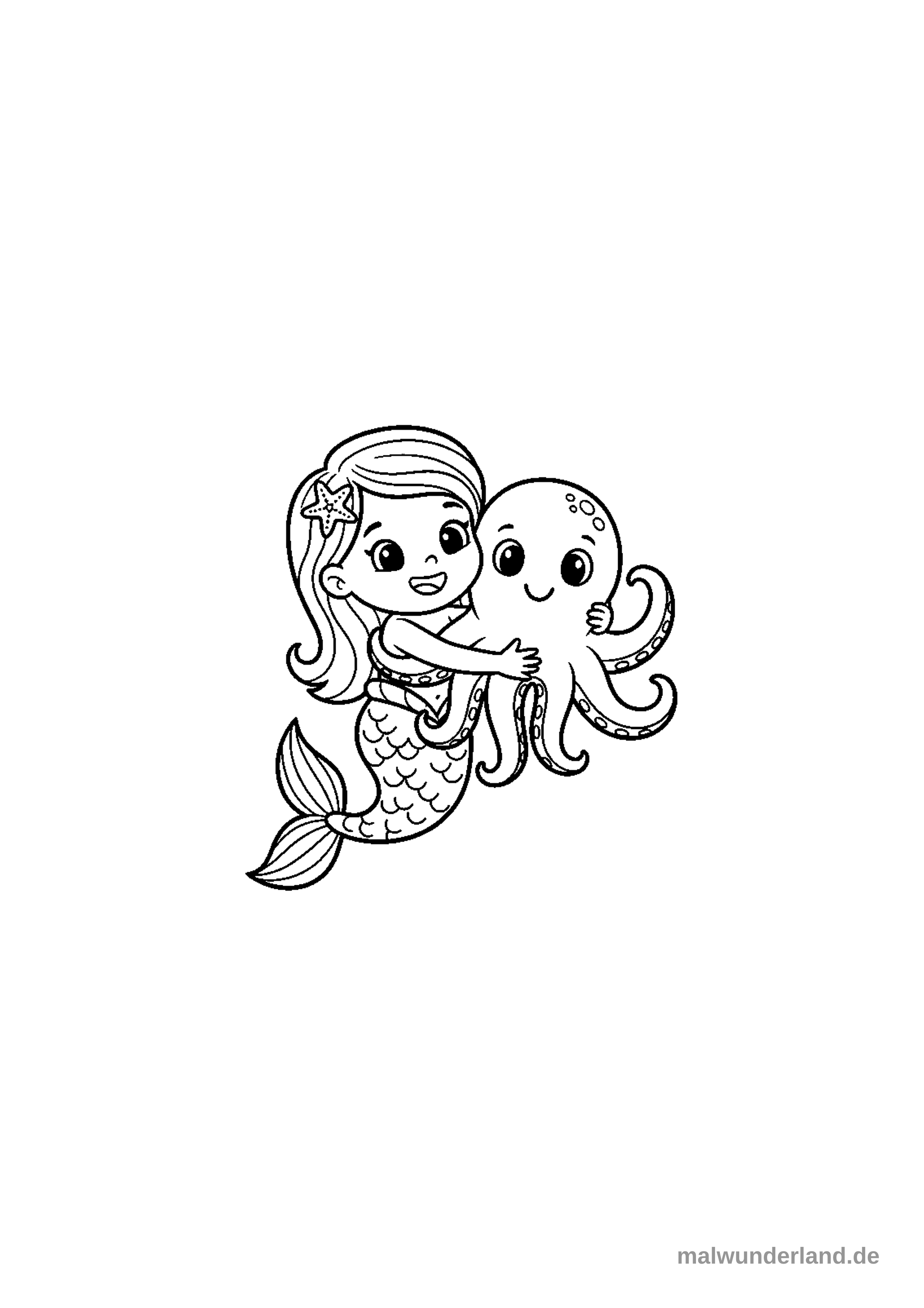 Das Bild zeigt eine niedliche Cartoon-Meerjungfrau, die einen Oktopus umarmt. Beide Figuren lächeln freundlich und die Meerjungfrau trägt einen Seestern als Haarschmuck.