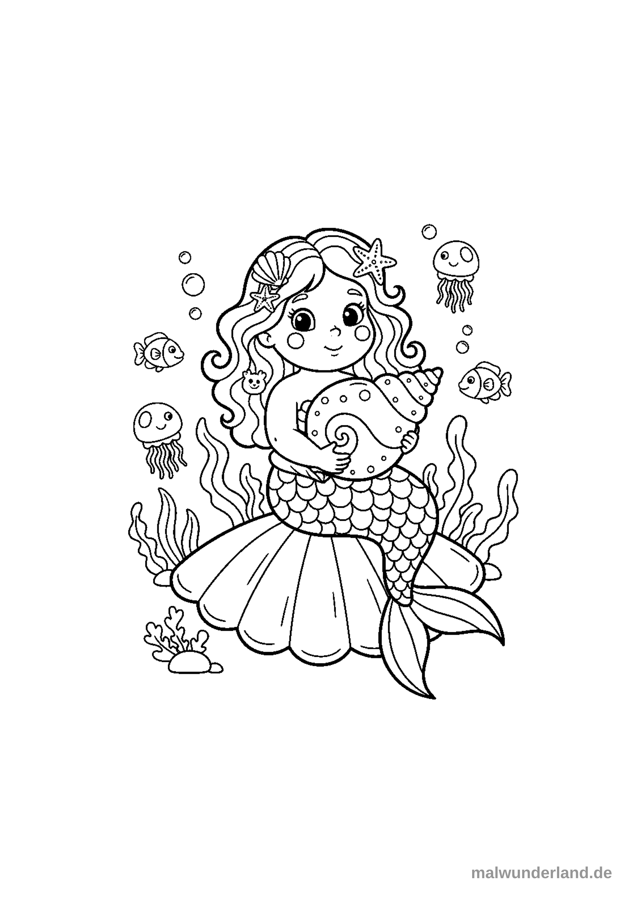 Das Ausmalbild zeigt eine lächelnde Meerjungfrau, die eine große Spiralschnecke in ihren Armen hält. Sie sitzt auf einer geöffneten Muschel und ist von Seegras, Blasen, kleinen Fischen und Quallen umgeben.