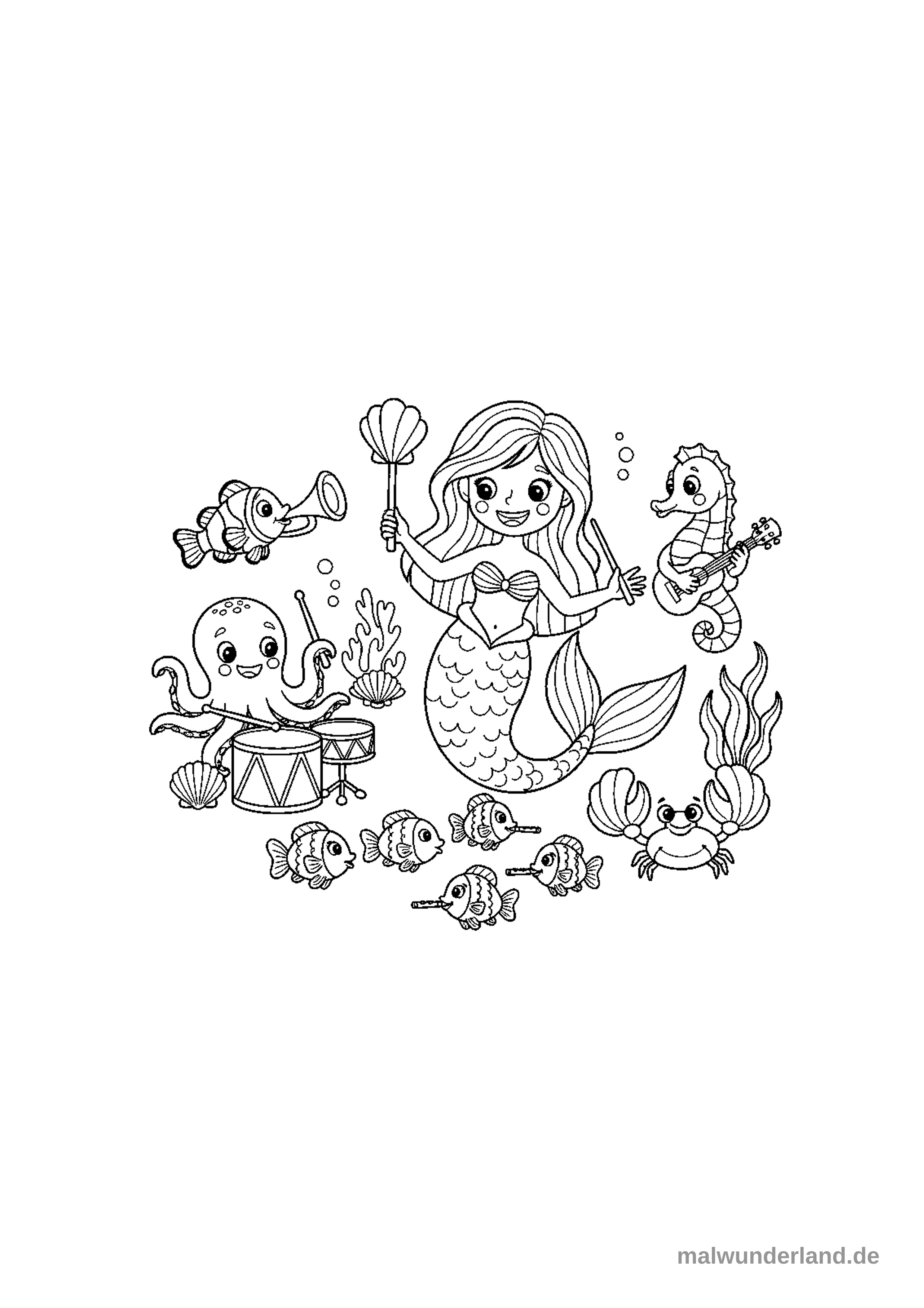 Klicken zum Drucken Das Bild zeigt eine fröhliche Meerjungfrau, die ein Unterwasserorchester dirigiert. Verschiedene Meeresbewohner, darunter ein Oktopus, ein Seepferdchen, ein Clownfisch und kleine Fische, spielen gemeinsam Musikinstrumente.