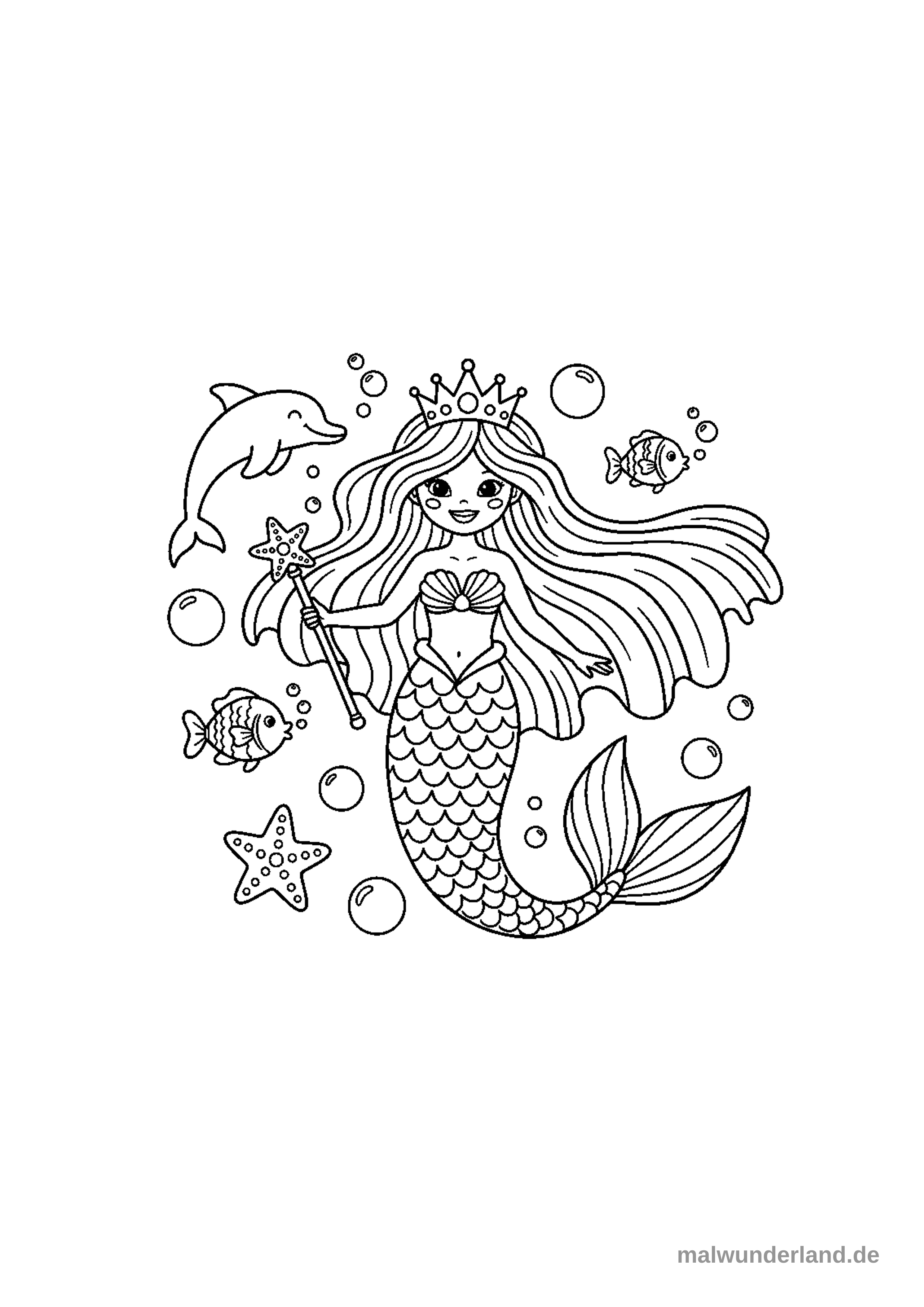 Klicken zum Drucken Das Ausmalbild zeigt eine lächelnde Meerjungfrau mit Krone und Zauberstab, umgeben von Meeresbewohnern. Ein freundlicher Delfin, zwei Fische, ein Seestern und viele Blasen schwimmen um sie herum.