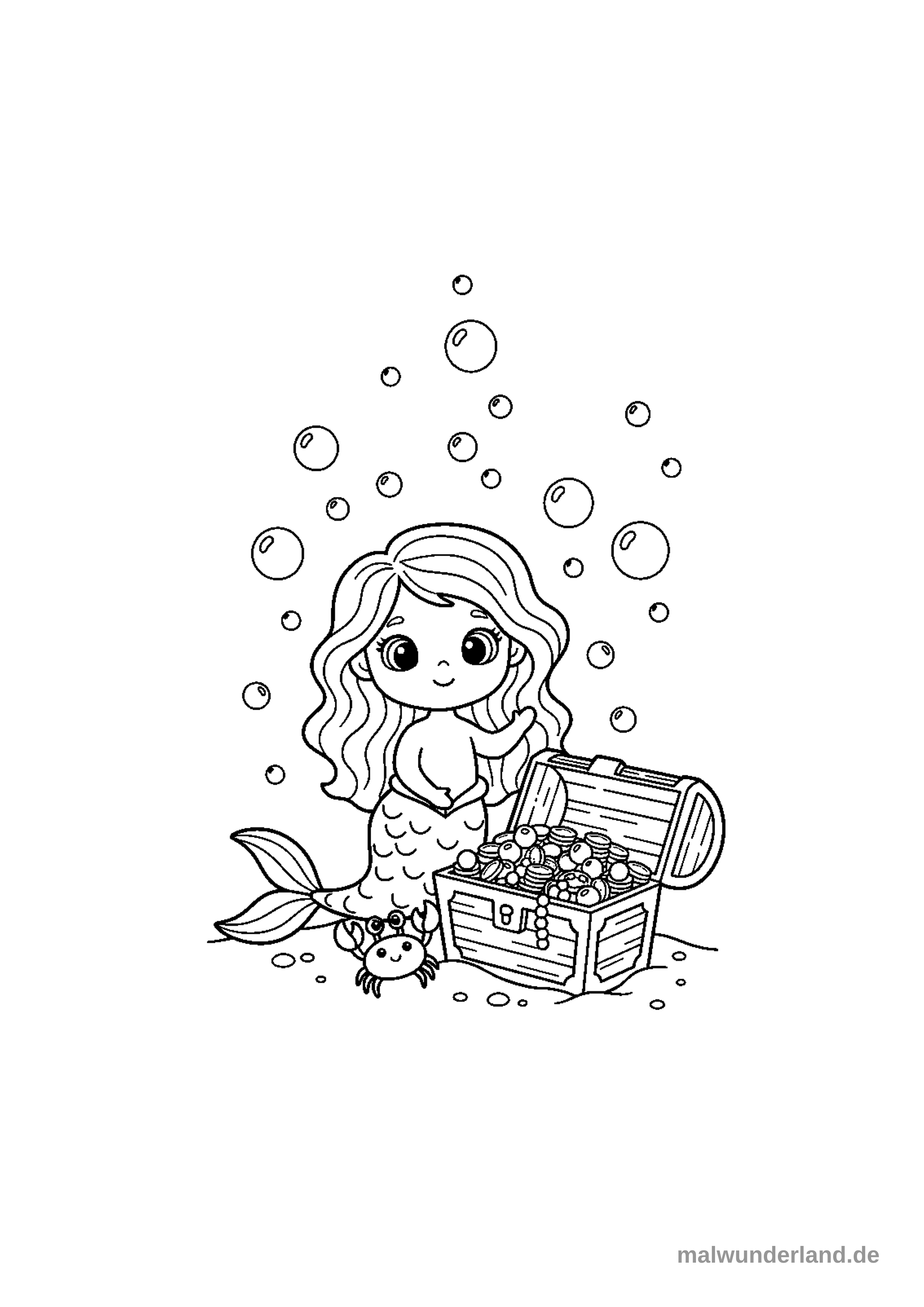 Klicken zum Drucken Das Ausmalbild zeigt eine niedliche Meerjungfrau mit langen, welligen Haaren, die auf dem Meeresboden neben einer geöffneten Schatzkiste voller Goldmünzen und einer Perlenkette sitzt. Ein kleiner, lächelnder Krebs sitzt vor der Schatzkiste, während um sie herum viele Blasen aufsteigen.