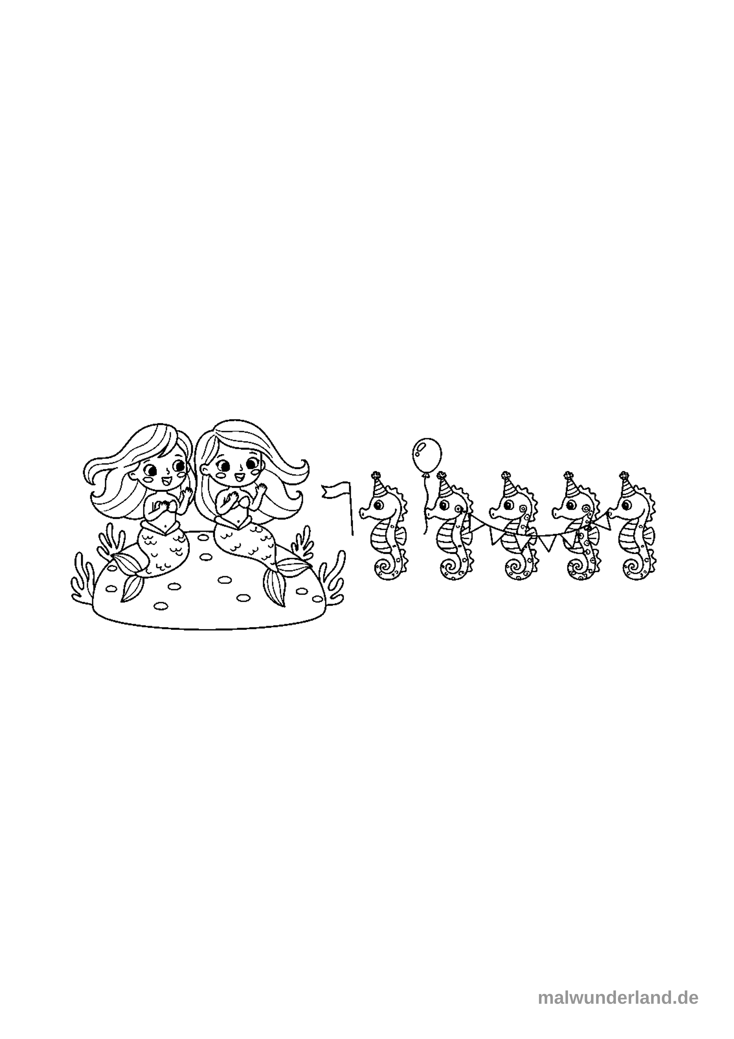 Das Ausmalbild zeigt zwei lächelnde Meerjungfrauen, die auf einem Unterwasserfelsen sitzen und winken. Daneben marschiert eine Reihe von fünf Seepferdchen, die alle Partyhüte tragen und mit einer Girlande verbunden sind, wobei das erste Seepferdchen einen Ballon hält.