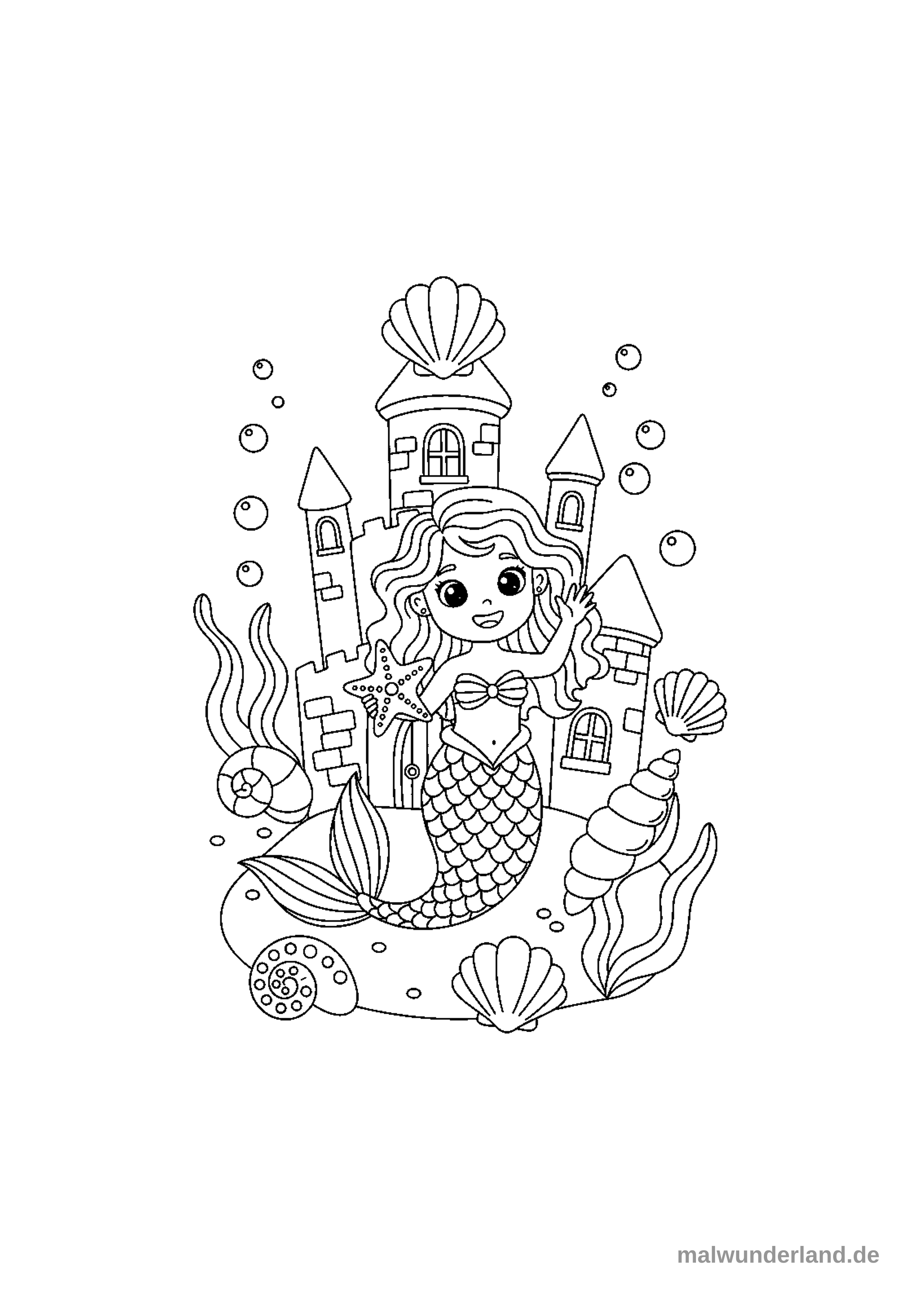 Klicken zum Drucken Dieses Ausmalbild zeigt eine lächelnde Meerjungfrau, die einen Seestern in der Hand hält und vor einem großen Unterwasser-Schloss winkt. Der Meeresboden um sie herum ist mit Seegras und verschiedenen Muscheln verziert, und es steigen Luftblasen auf.