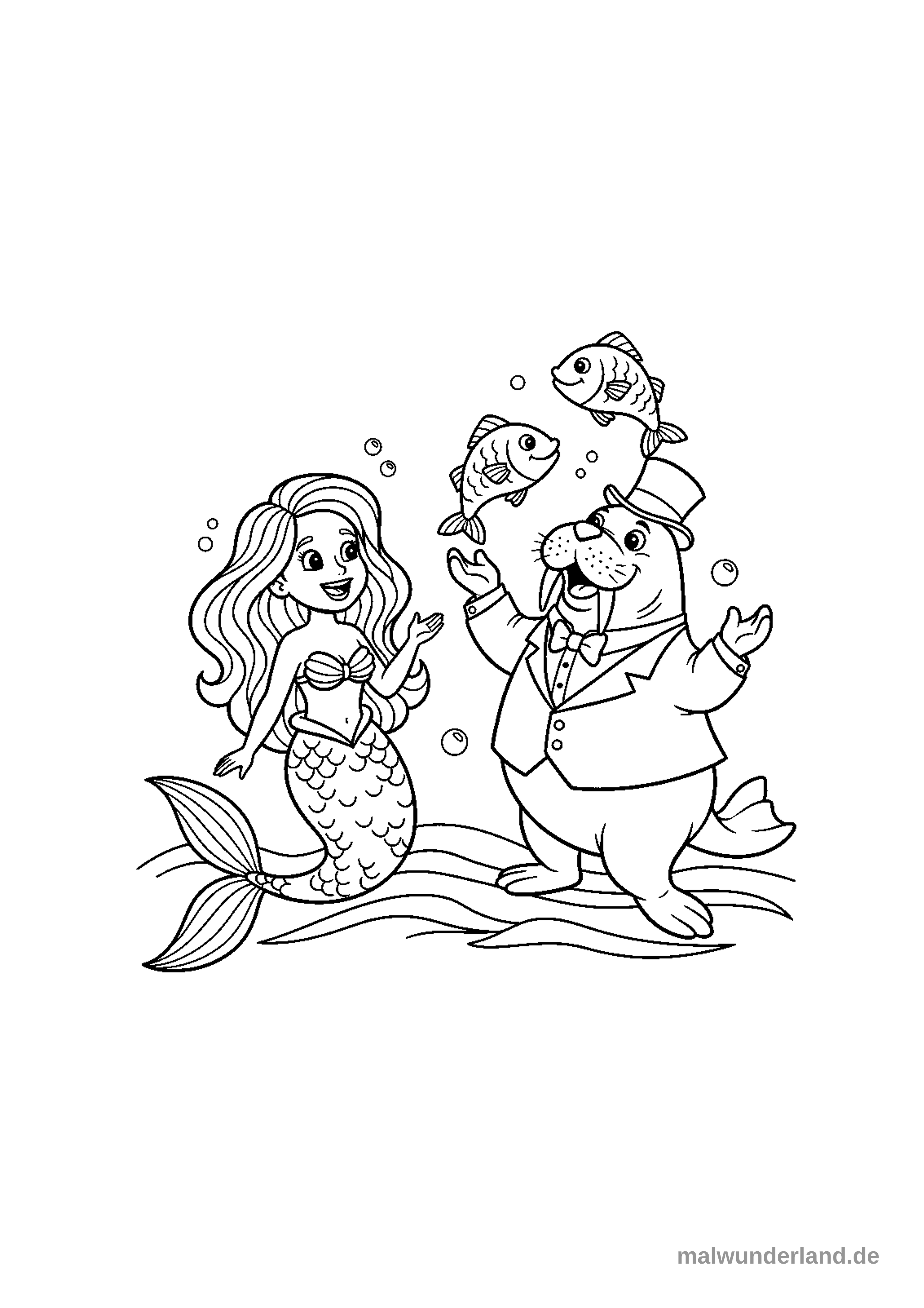 Das Ausmalbild zeigt eine lächelnde Meerjungfrau und ein Walross in einem schicken Anzug mit Zylinder und Fliege, das drei Fische jongliert. Sie befinden sich unter Wasser, umgeben von aufsteigenden Blasen und sanften Wellen am unteren Bildrand.