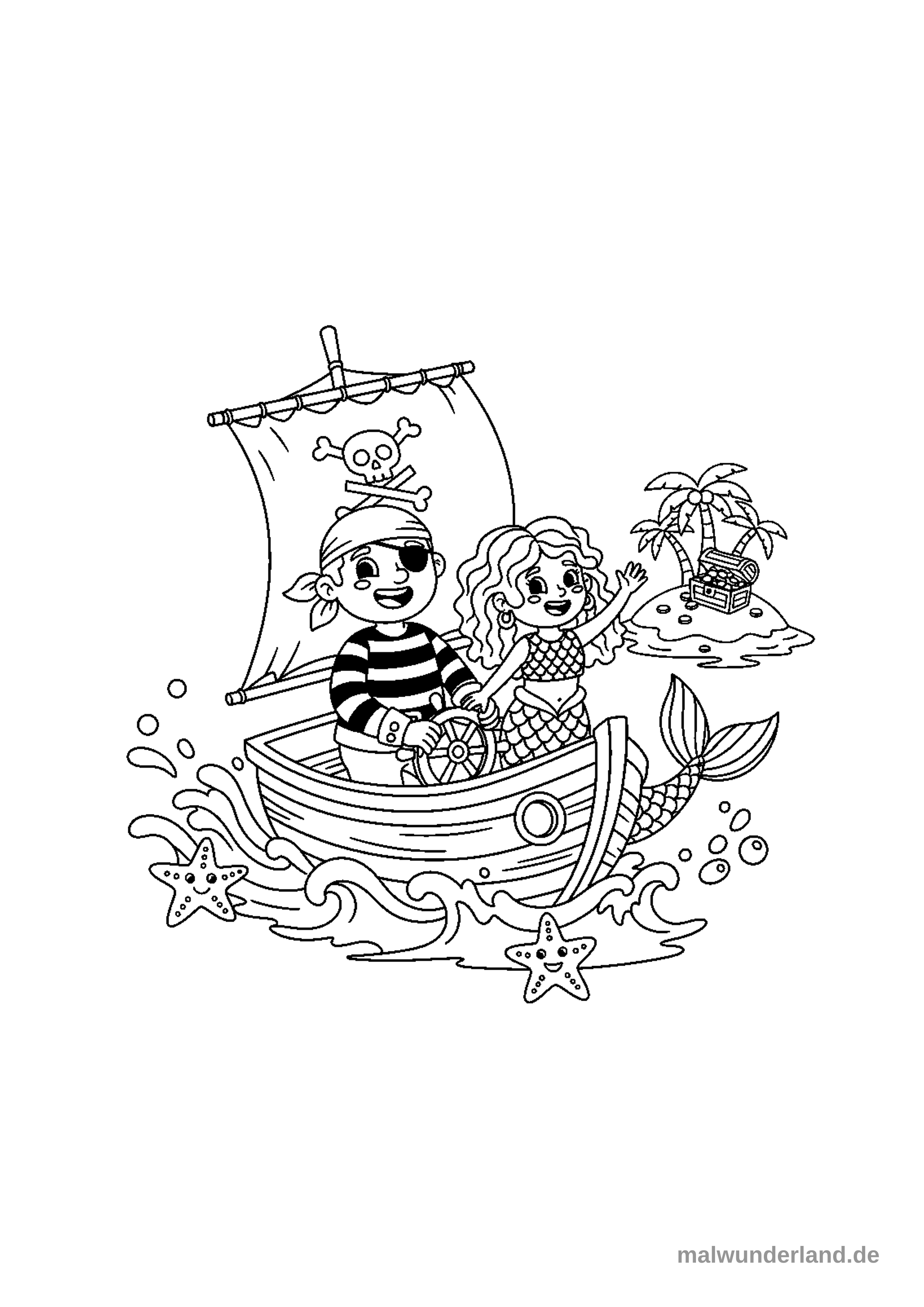 Ein Ausmalbild zeigt einen lächelnden Piratenjungen und eine winkende Meerjungfrau in einem Segelboot. Im Hintergrund ist eine kleine Schatzinsel mit Palmen und einer geöffneten Schatztruhe zu sehen.