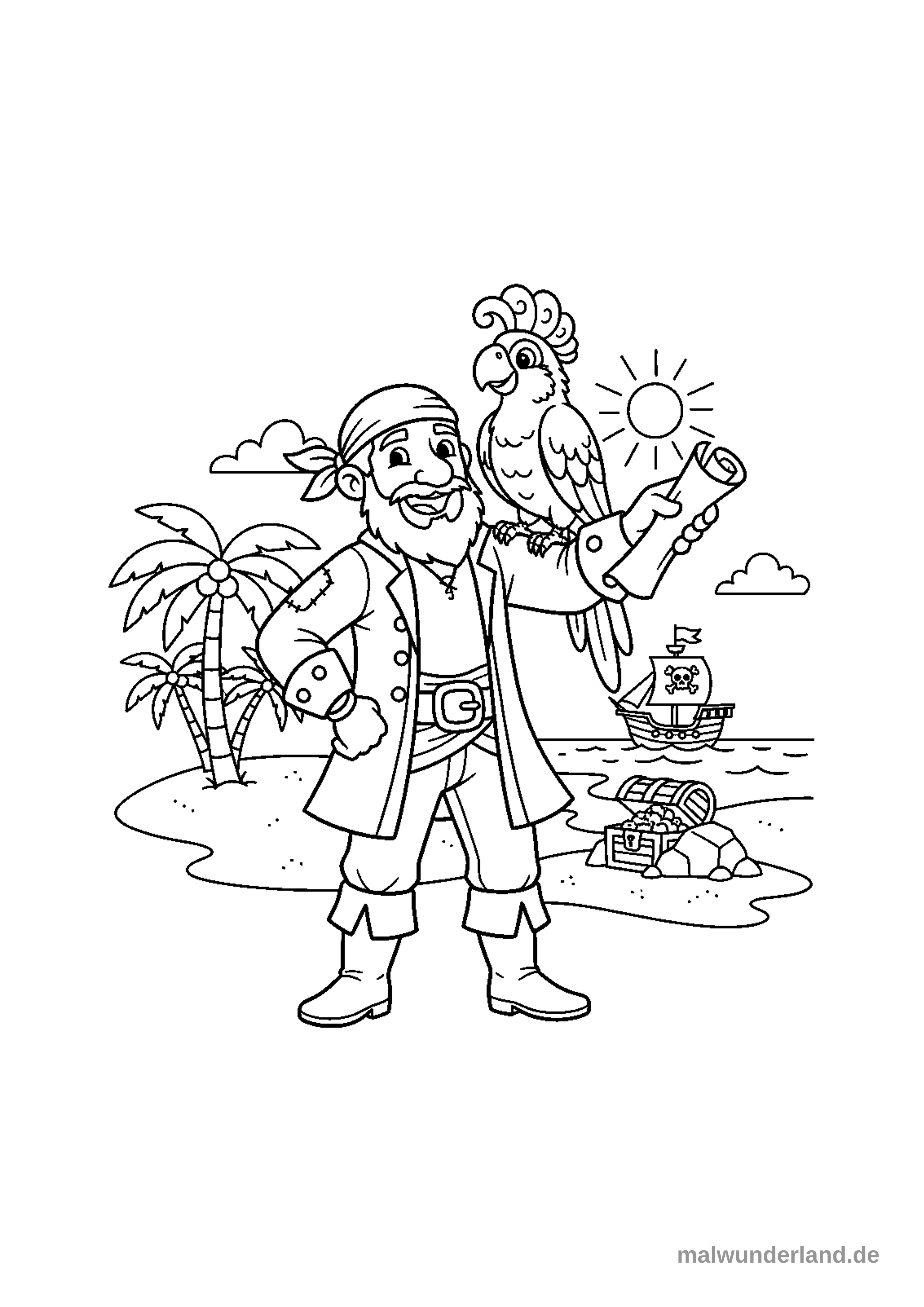 Ein lächelnder Pirat mit Bart und Kopftuch steht an einem sandigen Strand. Auf seiner linken Schulter sitzt ein fröhlicher Papagei, der eine aufgerollte Schatzkarte in der Kralle hält. Im Hintergrund sind Palmen, ein Segelschiff mit Piratenflagge und eine geöffnete Schatztruhe voller Münzen zu sehen.