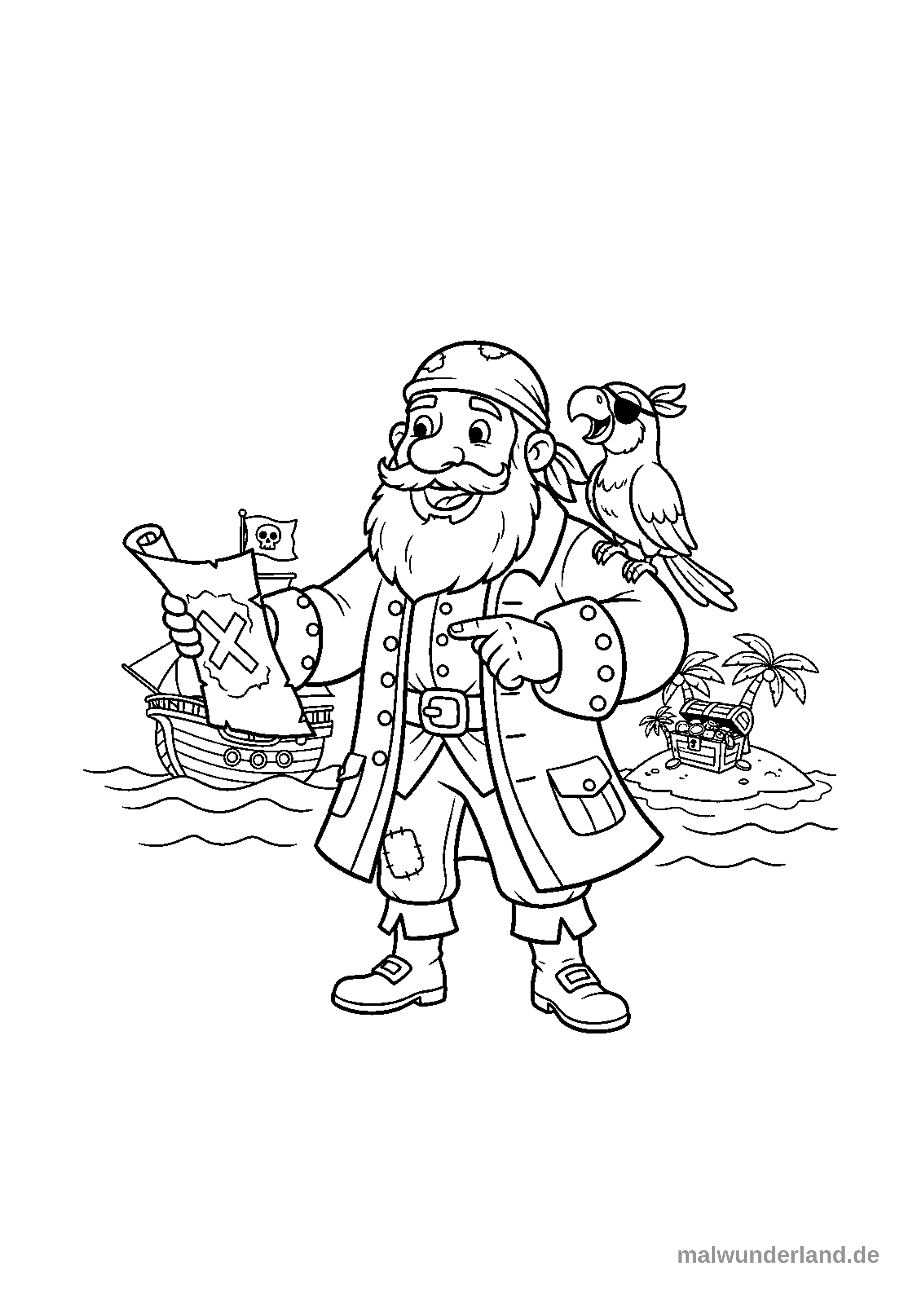 Das Bild zeigt einen fröhlichen Piraten mit einem Bart, der eine Schatzkarte in der Hand hält und mit dem Finger auf etwas zeigt. Auf seiner Schulter sitzt ein Papagei mit einer Augenklappe, während im Hintergrund ein Segelschiff und eine Schatzinsel mit Palmen und einer geöffneten Truhe zu sehen sind.