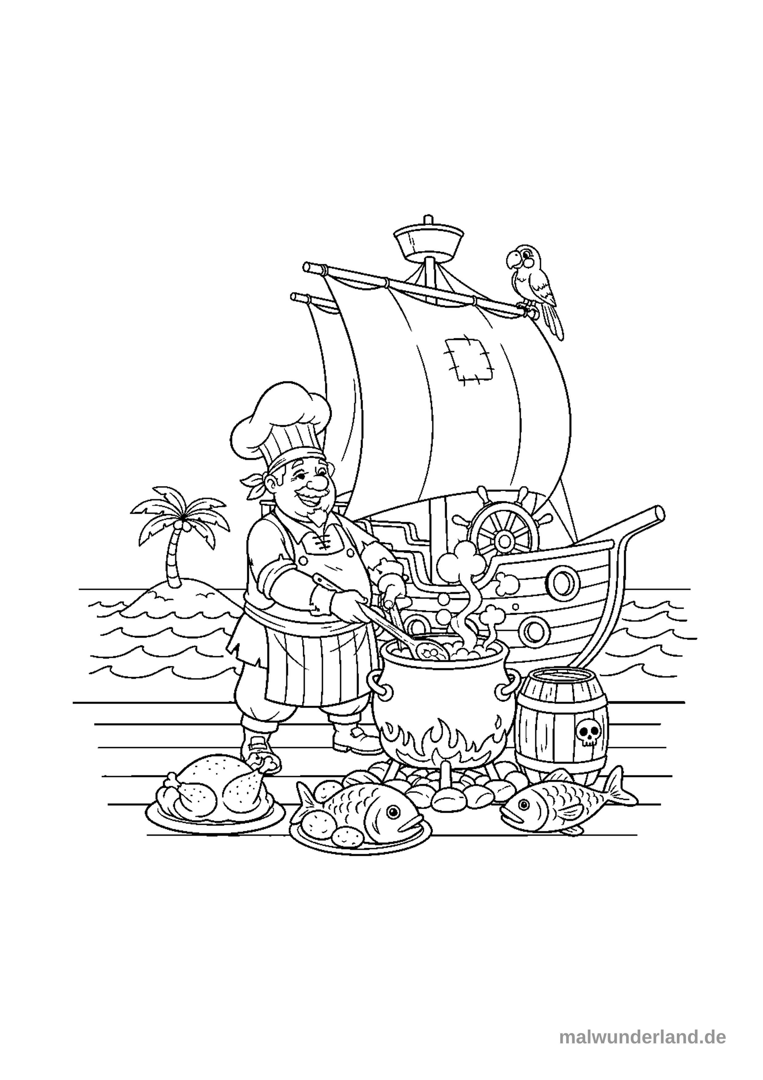 Ein fröhlicher Piraten-Koch rührt in einem großen Topf über dem Feuer auf einem Holzsteg. Im Hintergrund sind ein Segelschiff mit einem Papagei und eine kleine Insel mit einer Palme zu sehen, während auf dem Steg weitere zubereitete Speisen und ein Fass stehen.