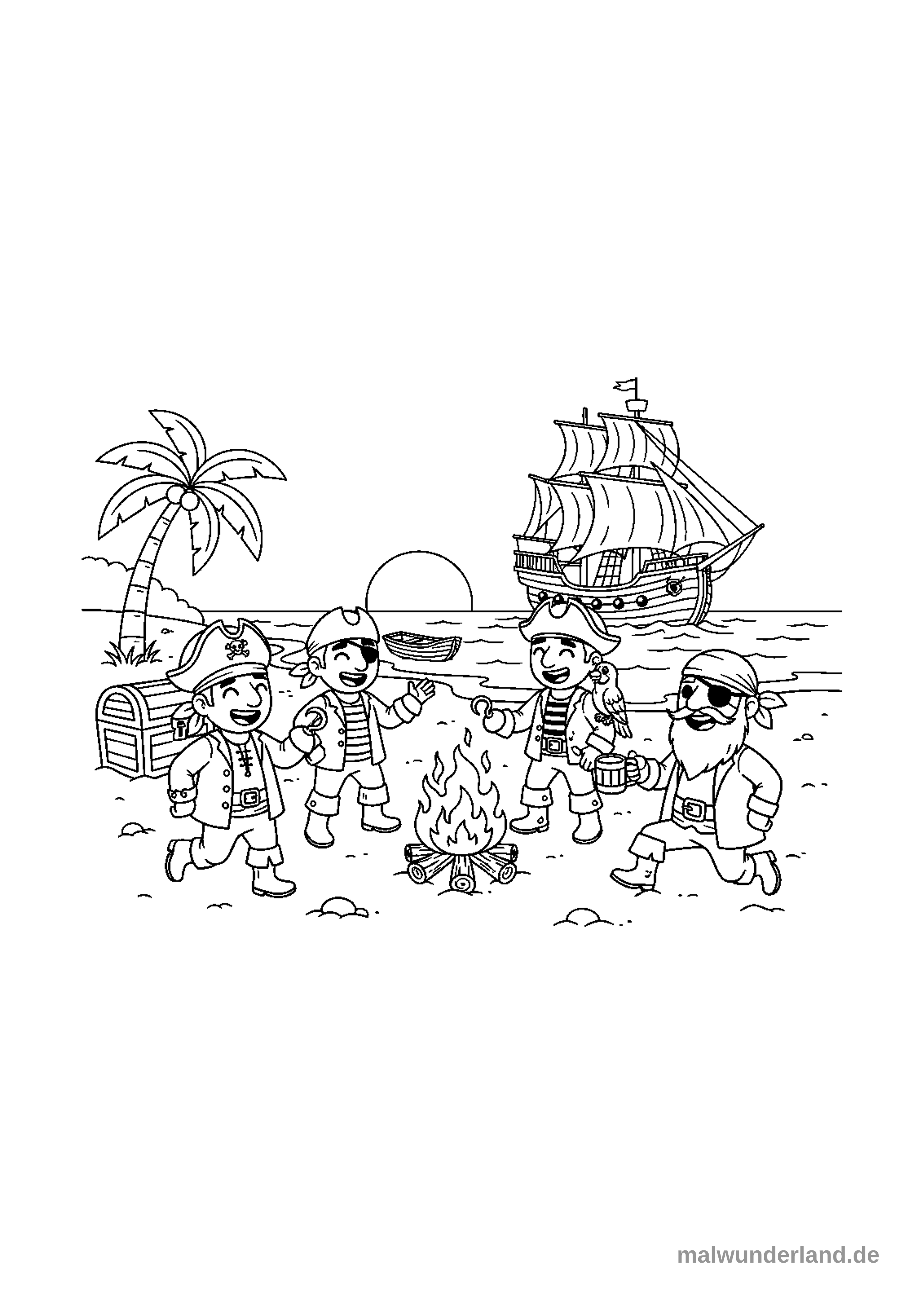 Das Bild zeigt vier Piraten, die sich an einem Sandstrand um ein Lagerfeuer versammelt haben. Im Hintergrund sind ein großes Segelschiff auf dem Meer, ein Ruderboot, eine Sonne und eine Palme neben einer Schatzkiste zu sehen.