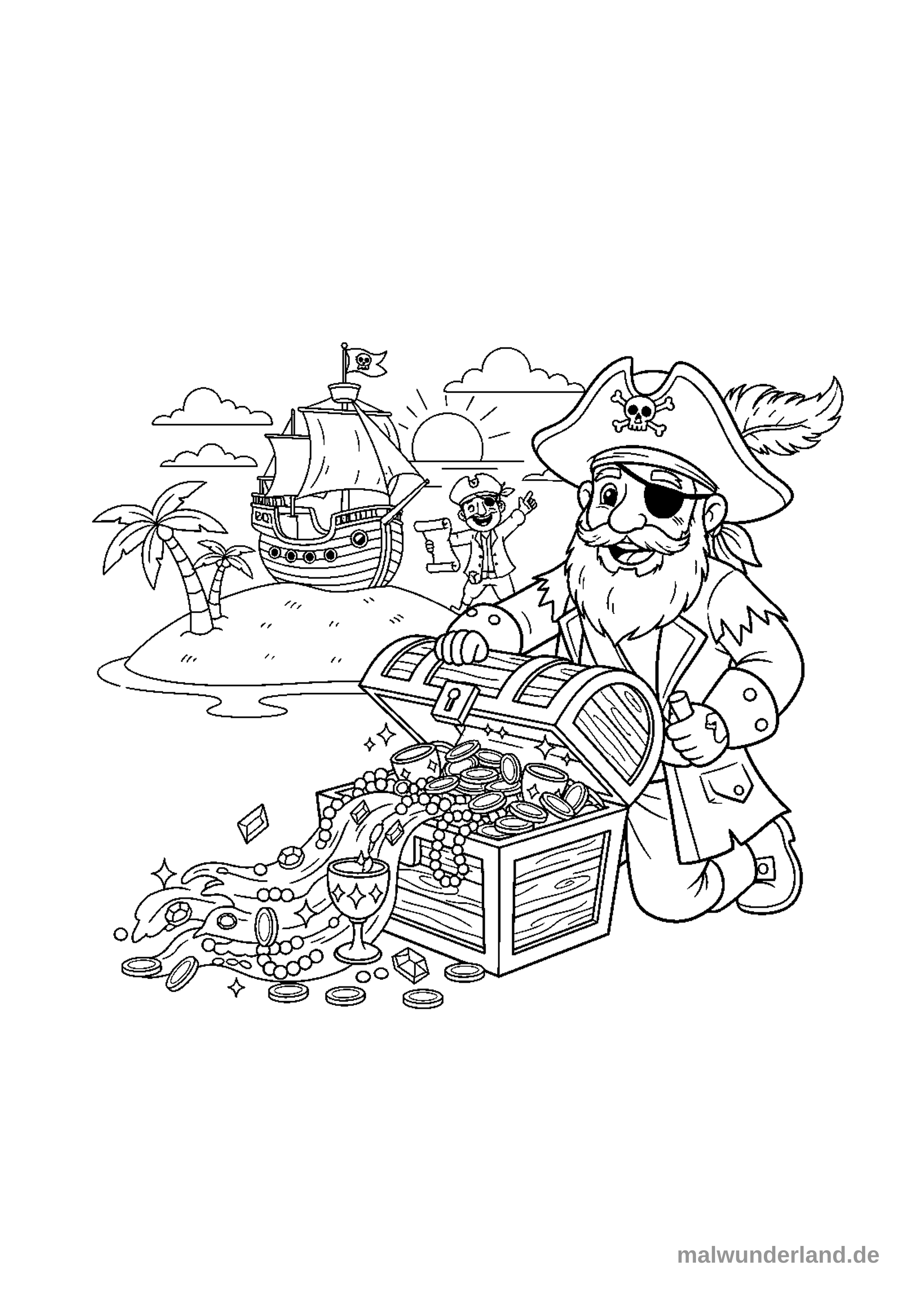 Das Bild zeigt einen bärtigen Piraten mit Augenklappe, der neben einer geöffneten Schatzkiste kniet, aus der Goldmünzen, Perlenketten und Edelsteine hervorquellen. Im Hintergrund sind eine kleine Insel mit Palmen, ein Piratenschiff und ein kleinerer Pirat, der eine Schatzkarte hält, zu sehen.