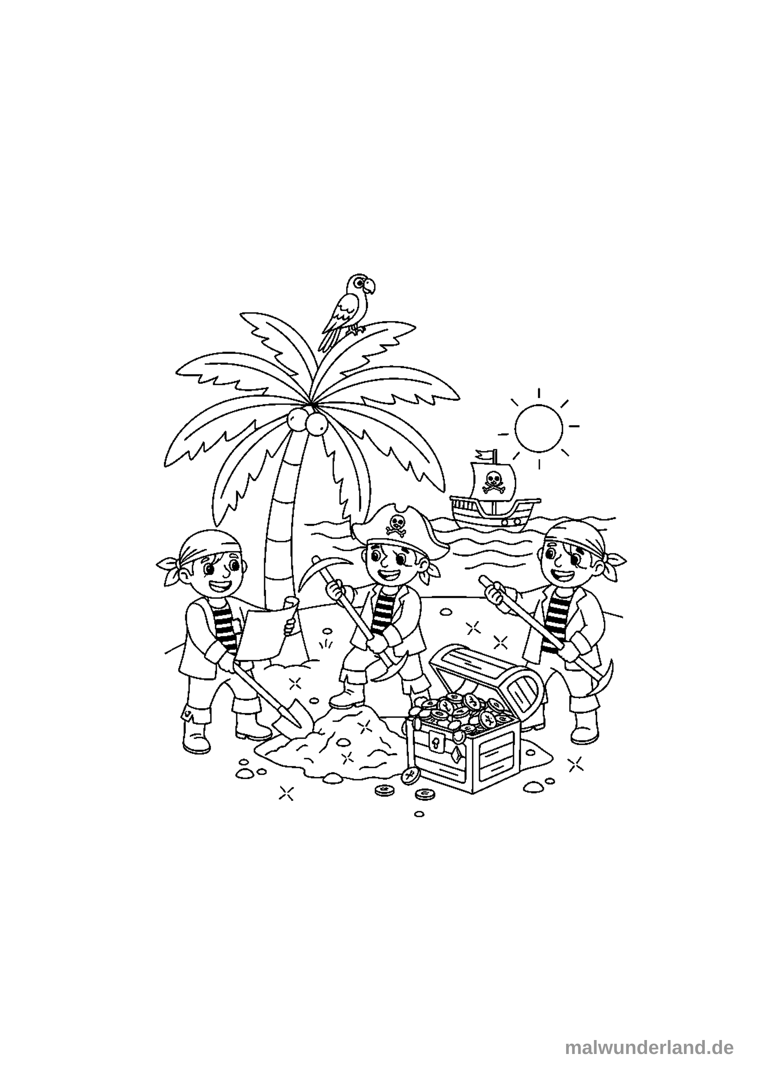 Das Ausmalbild zeigt drei Piratenkinder an einem sandigen Strand, die einen Schatz ausgraben und eine Schatztruhe voller Münzen gefunden haben. Im Hintergrund sind eine Palme mit einem Papagei, ein Piratenschiff auf dem Meer und die Sonne zu sehen.