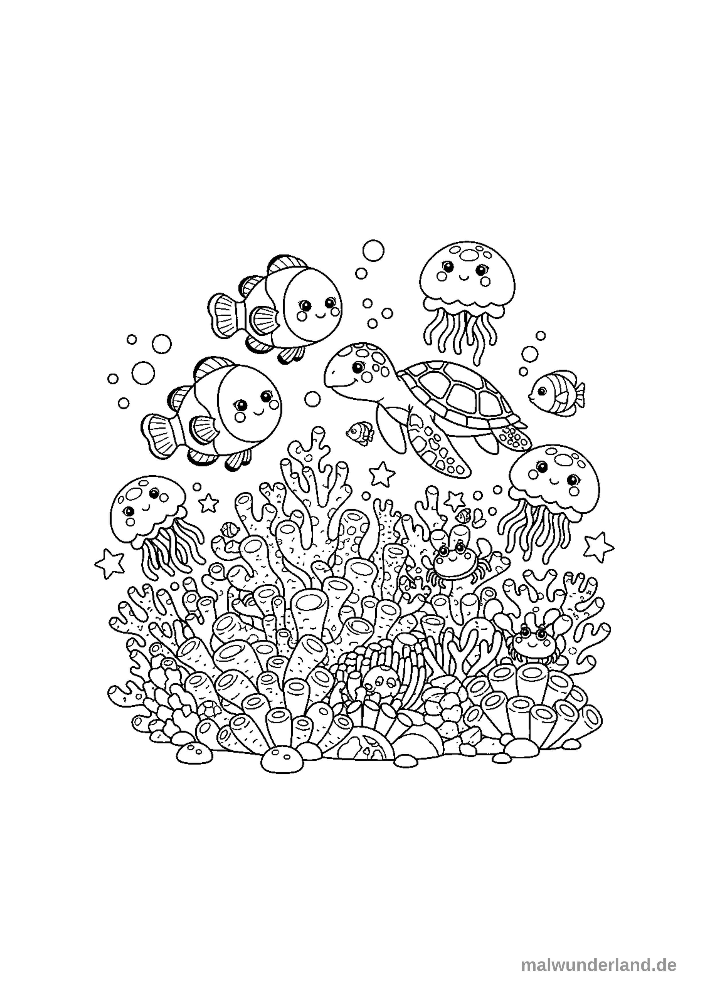 Das Ausmalbild zeigt eine lebhafte Unterwasserlandschaft mit einem großen, vielfältigen Korallenriff. Zahlreiche Meerestiere wie zwei Clownfische, eine Meeresschildkröte, drei Quallen und zwei kleine Krabben tummeln sich im und um das Riff.