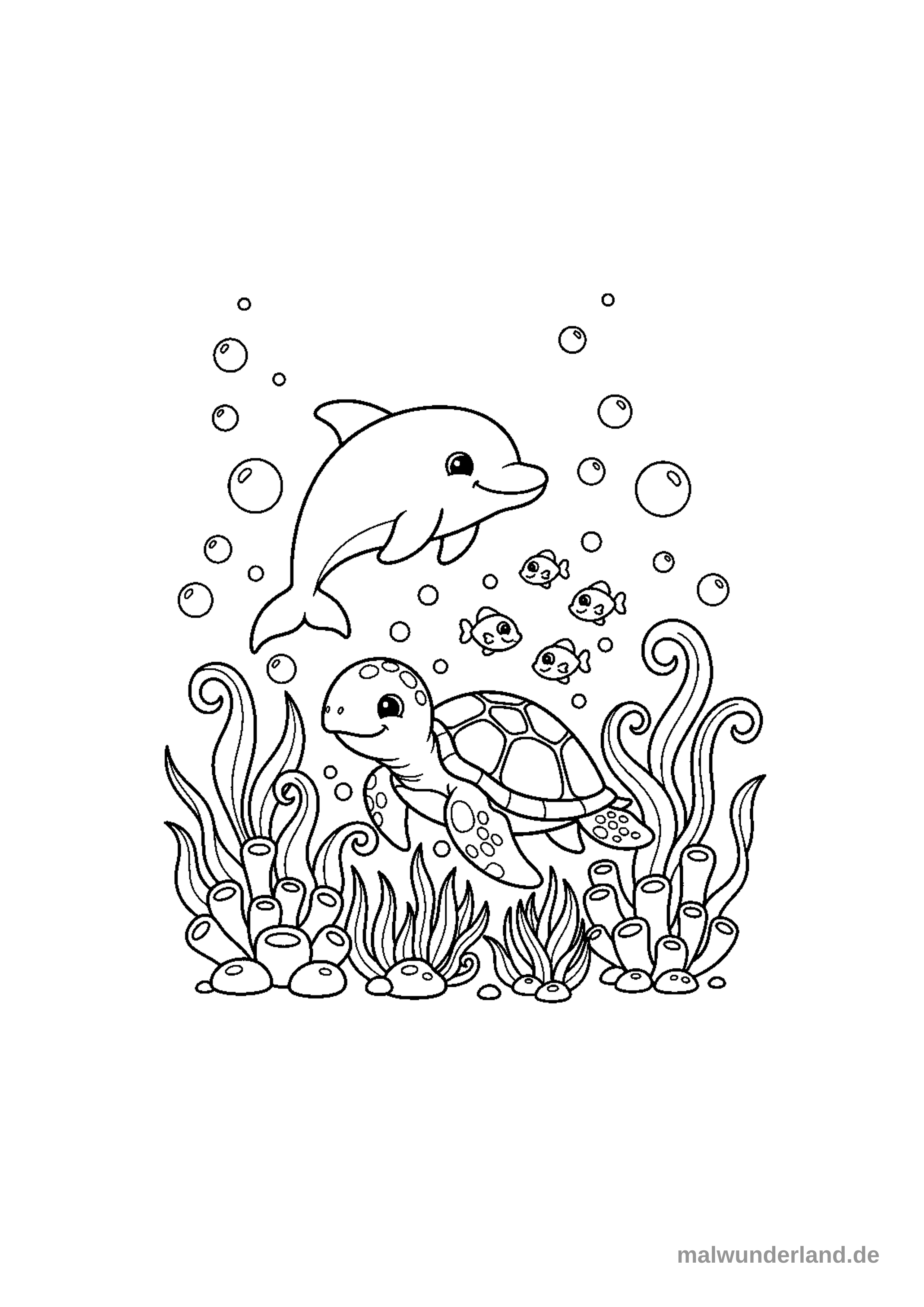 Dieses Ausmalbild zeigt eine fröhliche Unterwasserwelt mit einem lachenden Delfin und einer süßen Schildkröte. Sie schwimmen zwischen vielen Meerestieren, Pflanzen und sprudelnden Blasen.