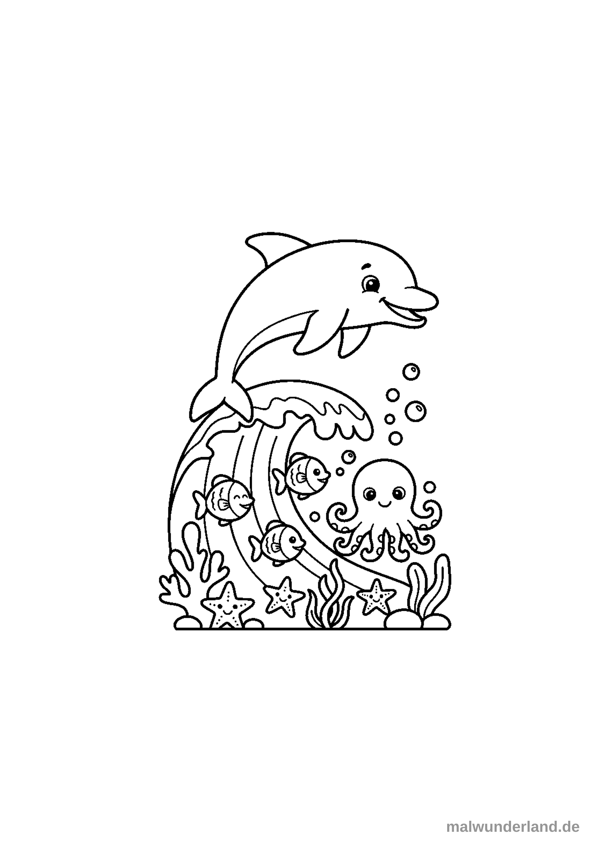 Klicken zum Drucken Das Ausmalbild zeigt eine fröhliche Unterwasserszene mit einem freundlichen Delfin, der über eine Welle springt. Darunter sind ein lächelnder Oktopus, drei kleine Fische, Seesterne und verschiedene Meerespflanzen zu sehen.