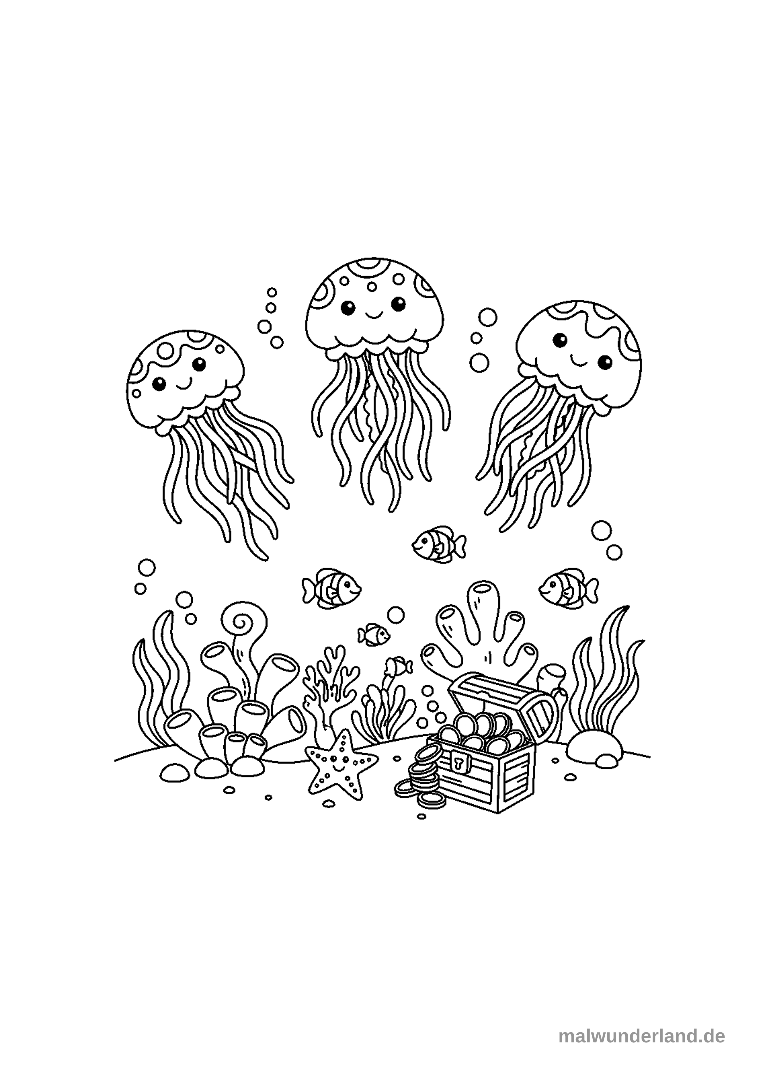 Das Ausmalbild zeigt eine fröhliche Unterwasserwelt mit drei lächelnden Quallen, mehreren kleinen Fischen und einer detailreichen Korallenlandschaft am Meeresboden, wo eine offene Schatztruhe voller Goldmünzen liegt.