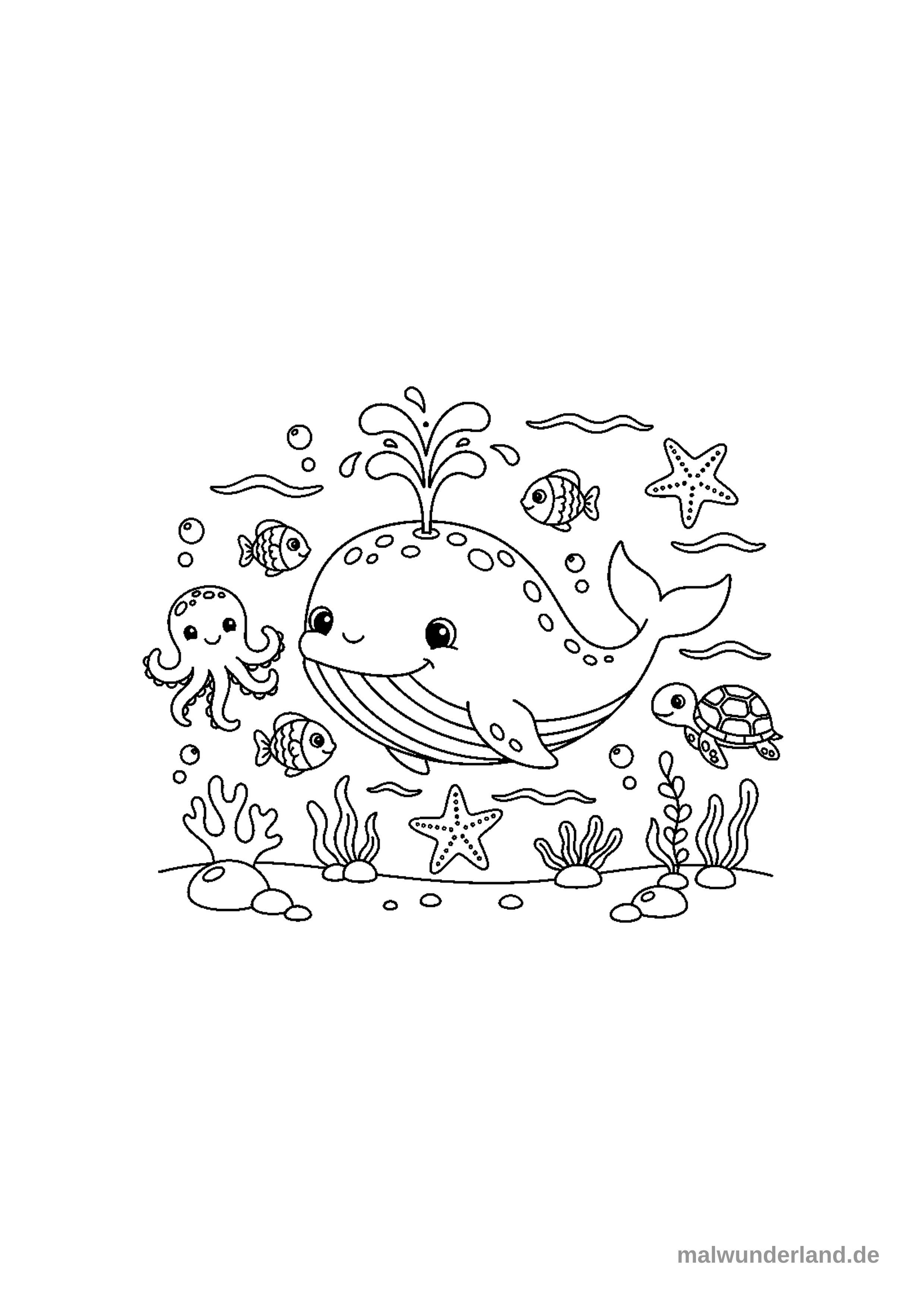 Klicken zum Drucken Ein niedliches Ausmalbild zeigt eine fröhliche Unterwasserwelt mit einem lachenden Wal, der Wasser aus seinem Blasloch spritzt. Umgeben ist er von einem lächelnden Oktopus, drei kleinen Fischen, einer süßen Schildkröte, zwei Seesternen, Wasserpflanzen und aufsteigenden Blasen auf einem sandigen Meeresboden.