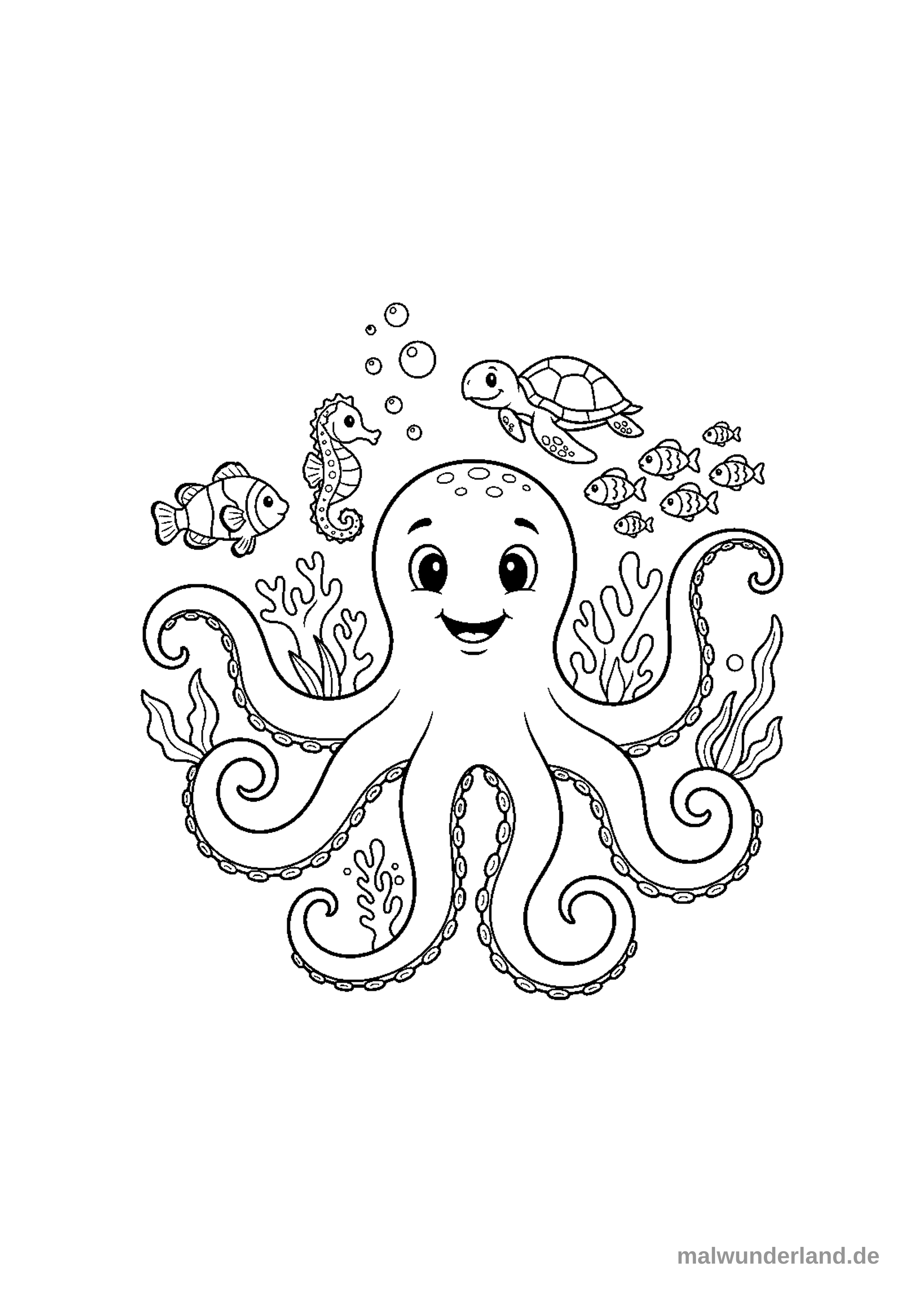 Klicken zum Drucken Ein Ausmalbild zeigt einen großen, freundlich lächelnden Oktopus, der von verschiedenen Meerestieren wie einem Clownfisch, einem Seepferdchen, einer Meeresschildkröte und einem Schwarm kleiner Fische umgeben ist. Im Hintergrund sind Seegras, Korallen und aufsteigende Seifenblasen zu sehen.